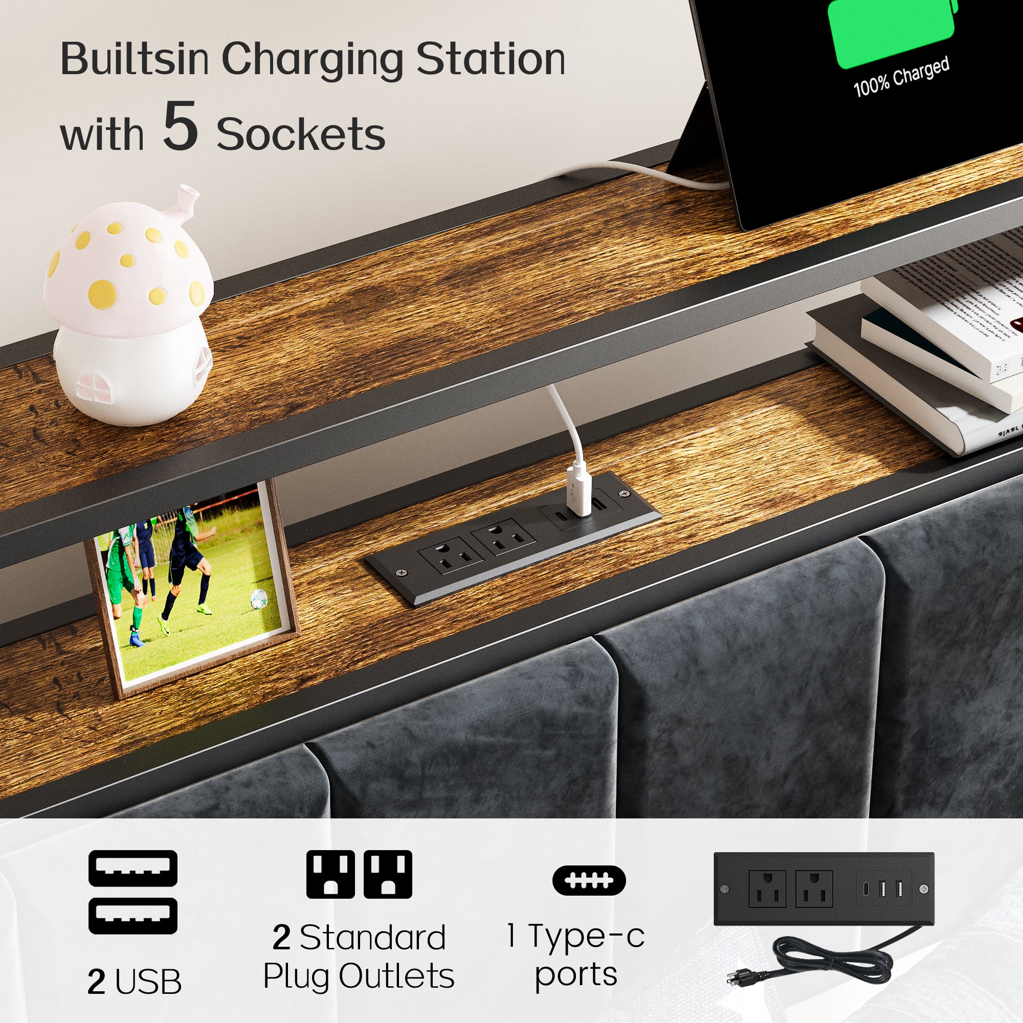 Dayago Full Size Bed Frame, Storage Headboard with Charging Station, Solid and Stable, Noise Free, No Box Spring Needed, Easy Assembly, Rustic Brown