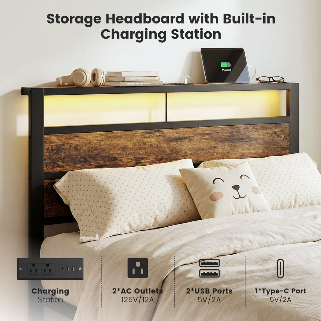 Dayago Twin Bed Frames with Charging Station and LED Lights, Twin Size Wood Headboard Platform Bed with Metal Slats, No Box Spring Needed and Noise Free, Brown Oak