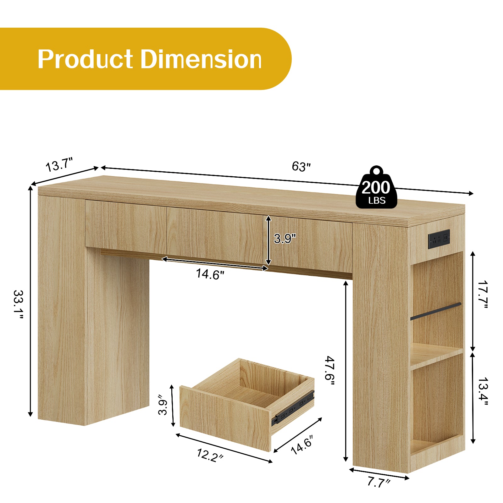 Kbun 71 inch Long Console Table with Drawers, Entryway Sofa Table Behind Couch, Wooden Hallway Table for Living Room, Entryway, Foyer Corridor, Industrial Farmhouse Oak Color
