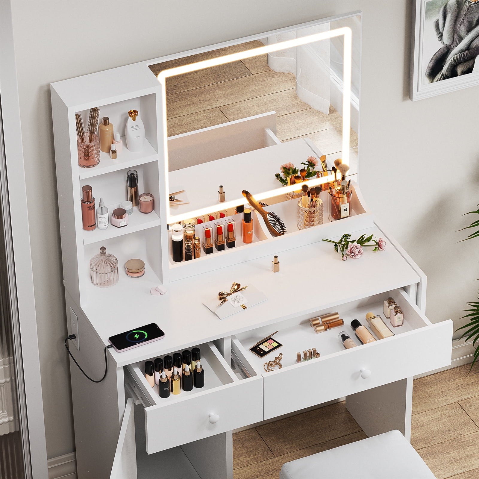 Bexfil Vanity Set Dressing Table and Chair Set with 3 Lighting Modes, Makeup Vanity Desk Mirror and Lights, White