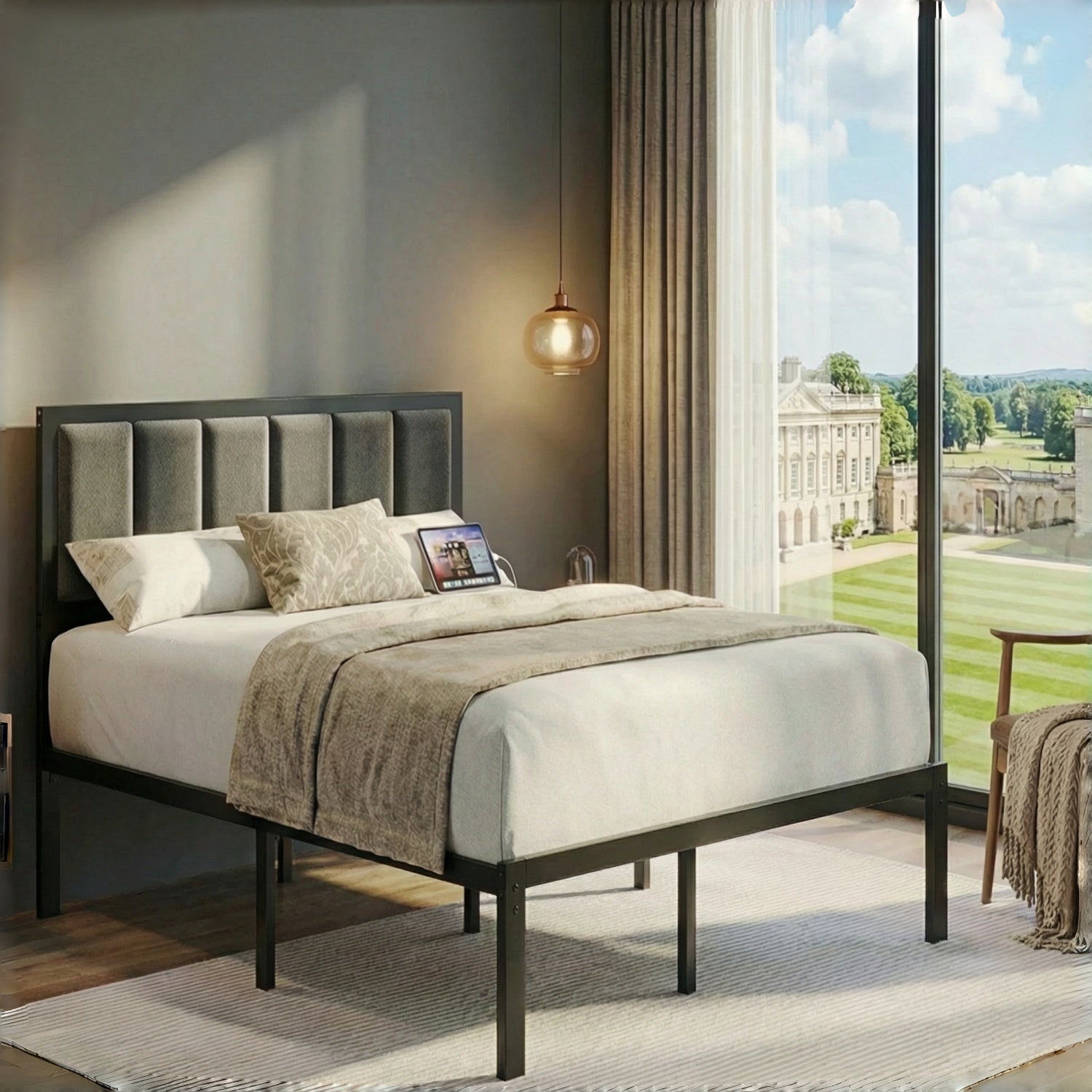 Dayago Full Size Bed Frame with Upholstered Headboard, Adjustable LED Lights and Power Outlet, No Box Spring Required