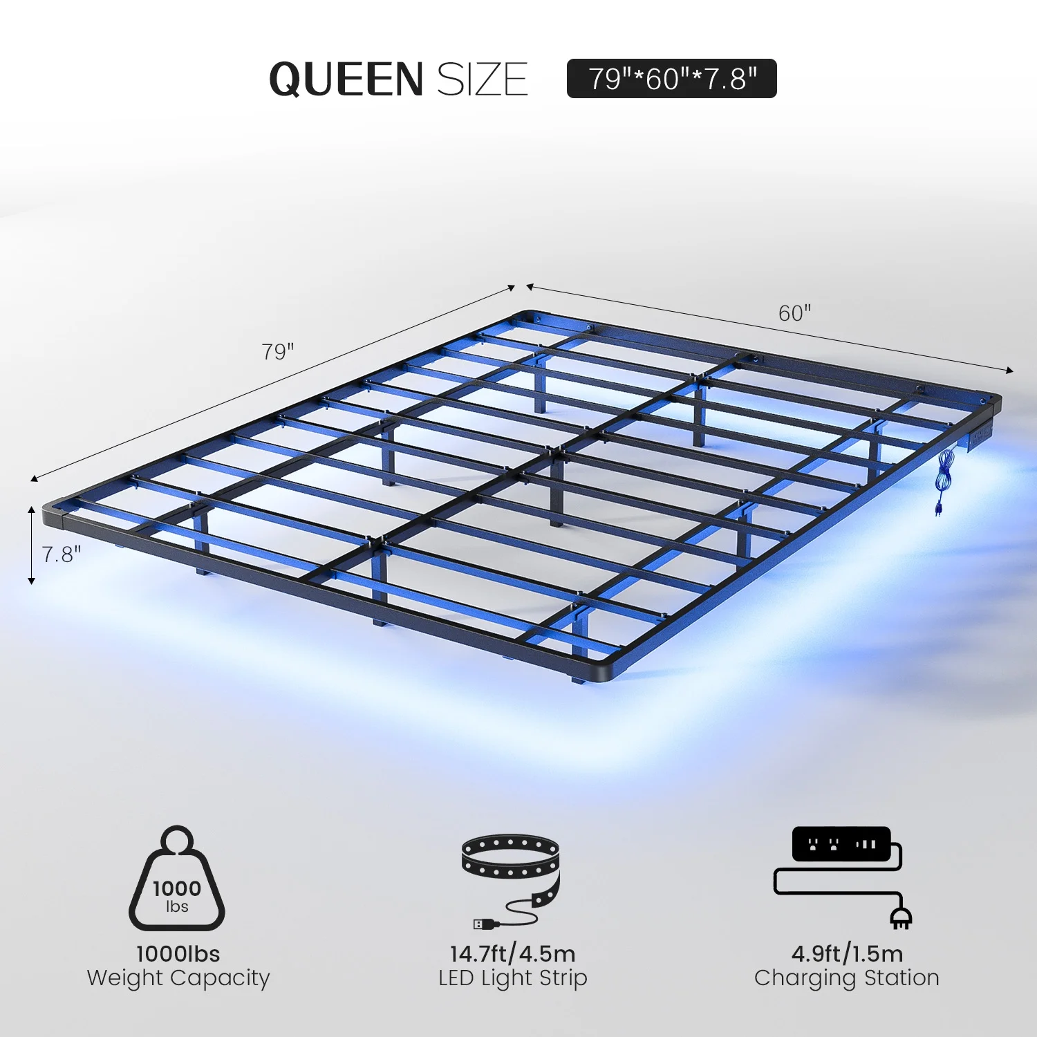 Dayago Modern Floating Queen Bed Frame with LED Lights and Charging Station No Box Spring Required