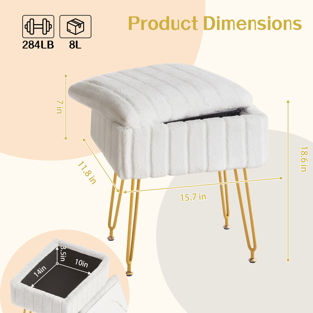 Kbun Faux Fur Vanity Stool with Storage, Makeup Ottoman Chair with Upholstered Seat, Metal Legs & Anti-Slip Feet for Bedroom, Living Room, White