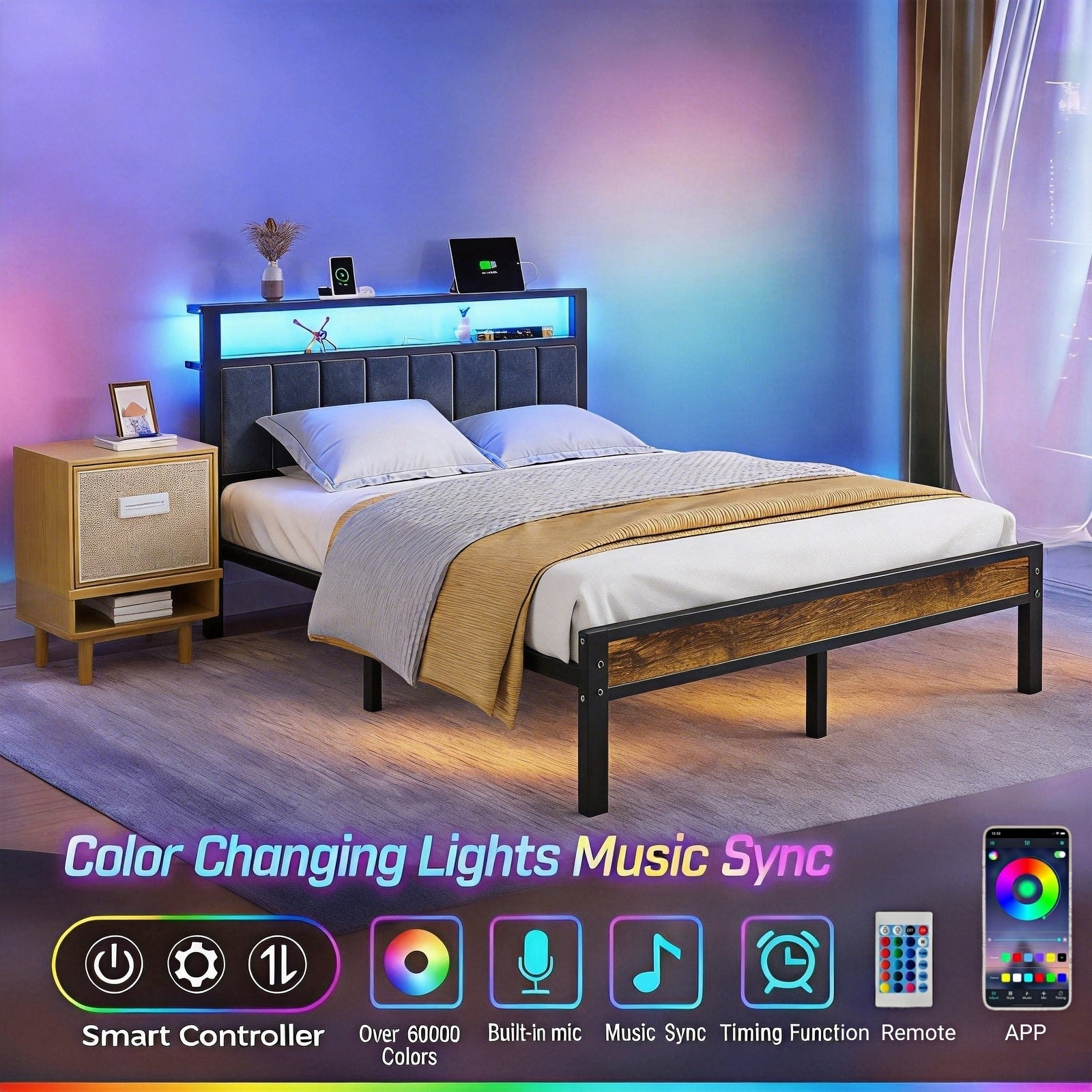 Bexfil Upholstered Full Size Bed Frame with LED Lights Charging Station Shelf Headboard Heavy Duty Metal Platform Bed, Noise Free,Brown