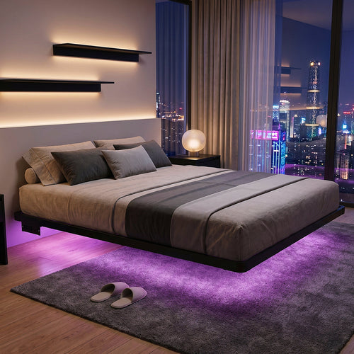 Bexfil Modern Floating Full Size Bed Frame with LED Lights, Sturdy Metal Platform Bed with Round Safety Corners and Mattress Stabilizers, 900lbs Heavy Duty Support, Easy Assembly