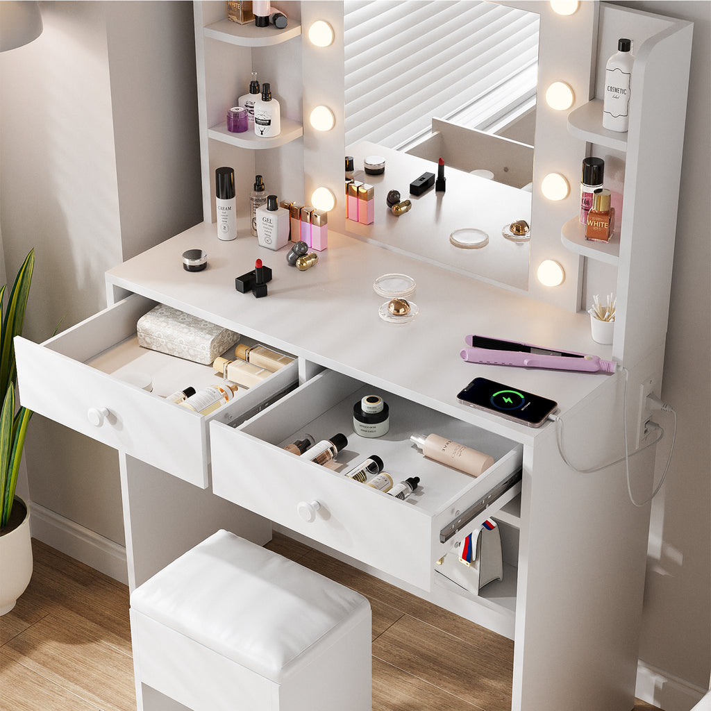 Haewon White Vanity Desk with Mirror and Lights, Makeup Vanity with 10 LED Bulbs and 3 Color Modes, Dressing Table Set with Power Outlets, Storage Drawers and Chair for Bedroom