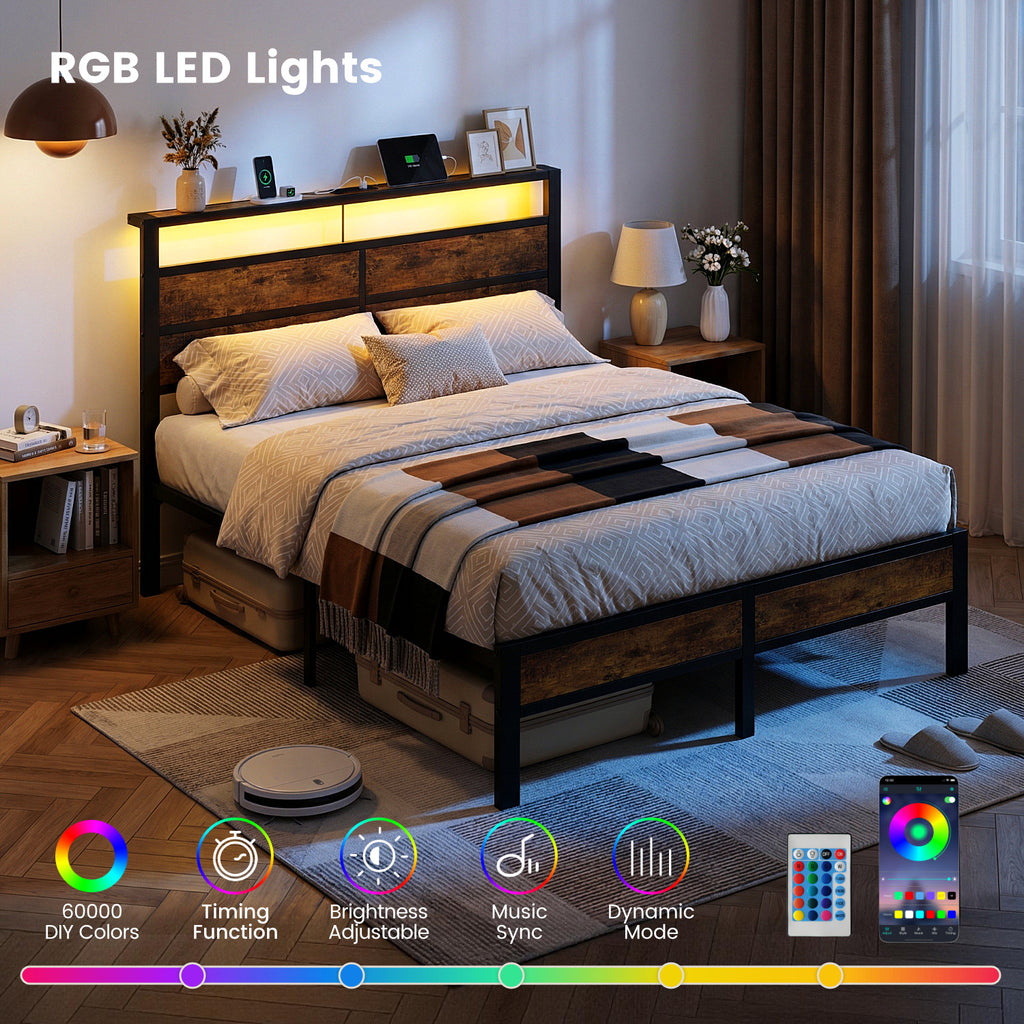 Dayago Full Bed Frames with Charging Station and LED Lights, Full Size Wood Headboard Platform Bed with Metal Slats, No Box Spring Needed and Noise Free, Brown Oak