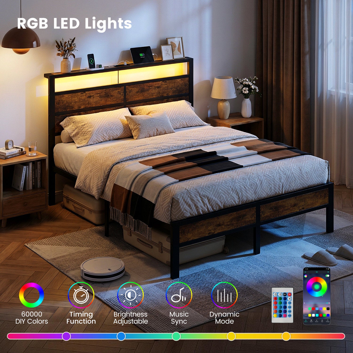 Dayago Full Bed Frames with Charging Station and LED Lights, Full Size Wood Headboard Platform Bed with Metal Slats, No Box Spring Needed and Noise Free, Brown Oak