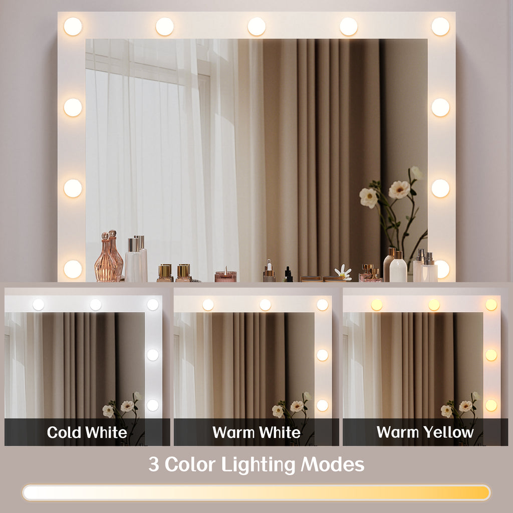 Haewon 32" Vanity Desk with Large Mirror, LED Lights, AC Outlet, USB Ports, Make up Vanity Desk with Mirror and Lights andDrawer & Storage Cabinet, Vanity Set with Cushioned Stool