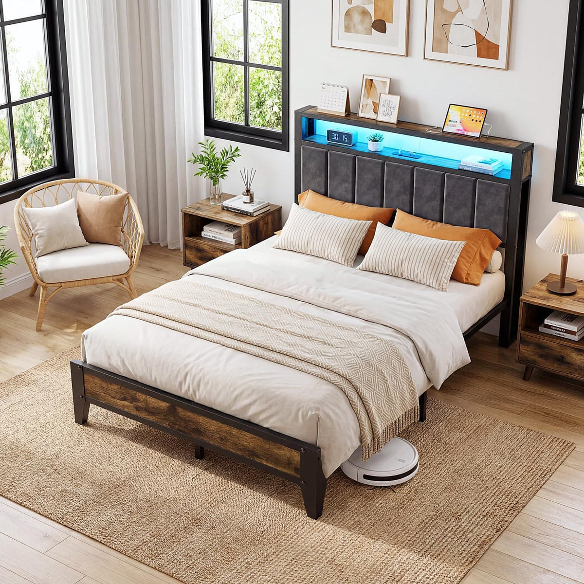 OLEVS Full Size Bed Frame with Headboard, LED Light & Charging Station| Metal Platform Bed Upholstered Headboard 2-Tier