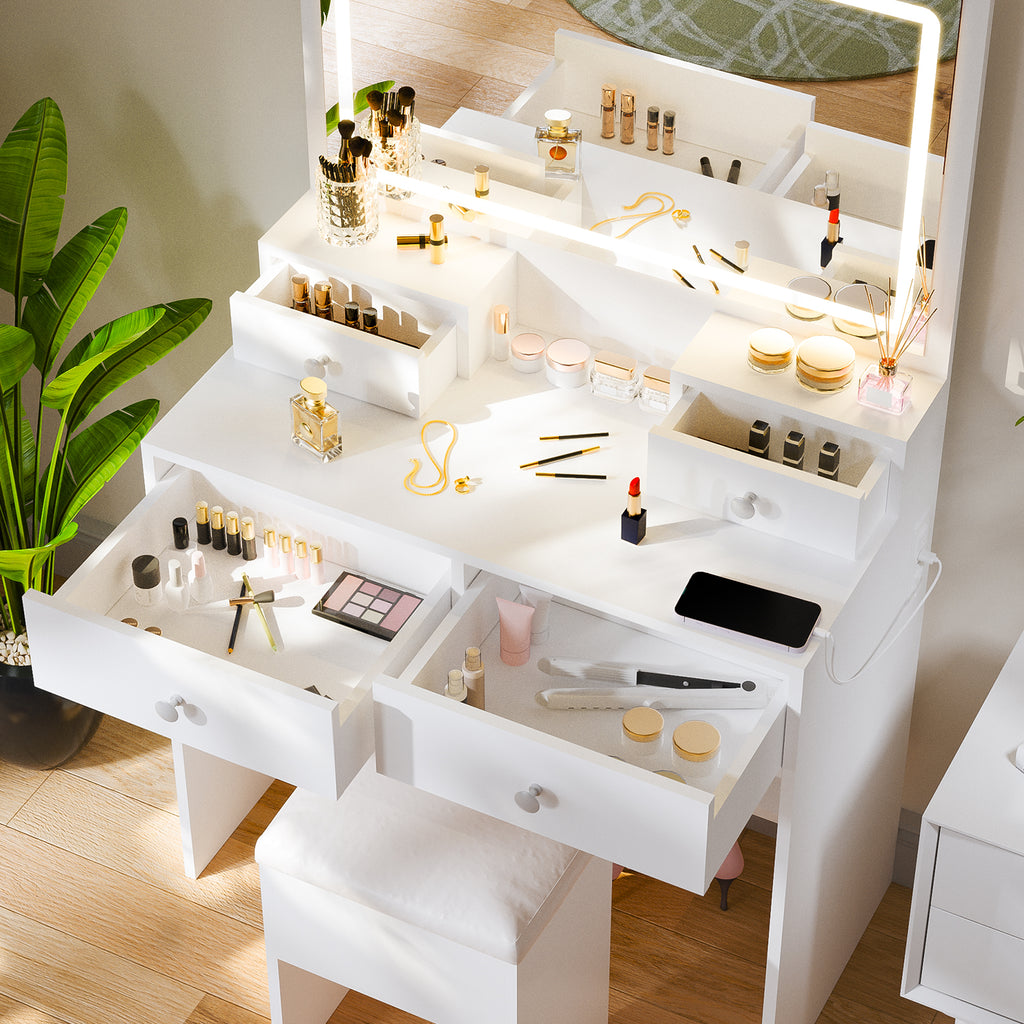 Bexfil White Vanity Desk Set With Led Lighted Mirror and Power Outlet, Makeup Table Top with 1 Open Bookcases, 4 Drawers, Dresser Table for Bedroom, Checkroom
