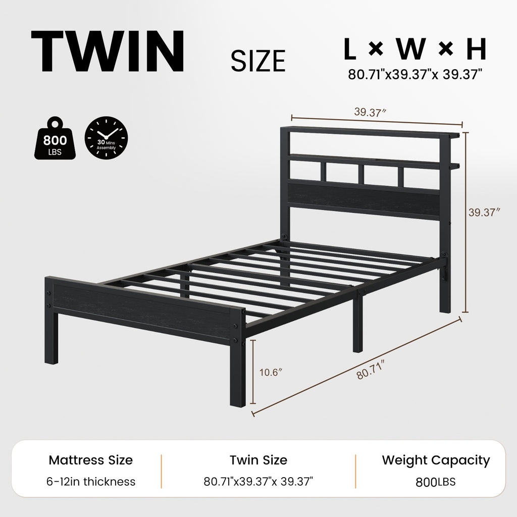 Bexfil Twin Bed Frame with Storage Headboard and LED Light, Metal Platform Bed Station with Charging Station & LED, Noise-Free, No Box Spring Needed