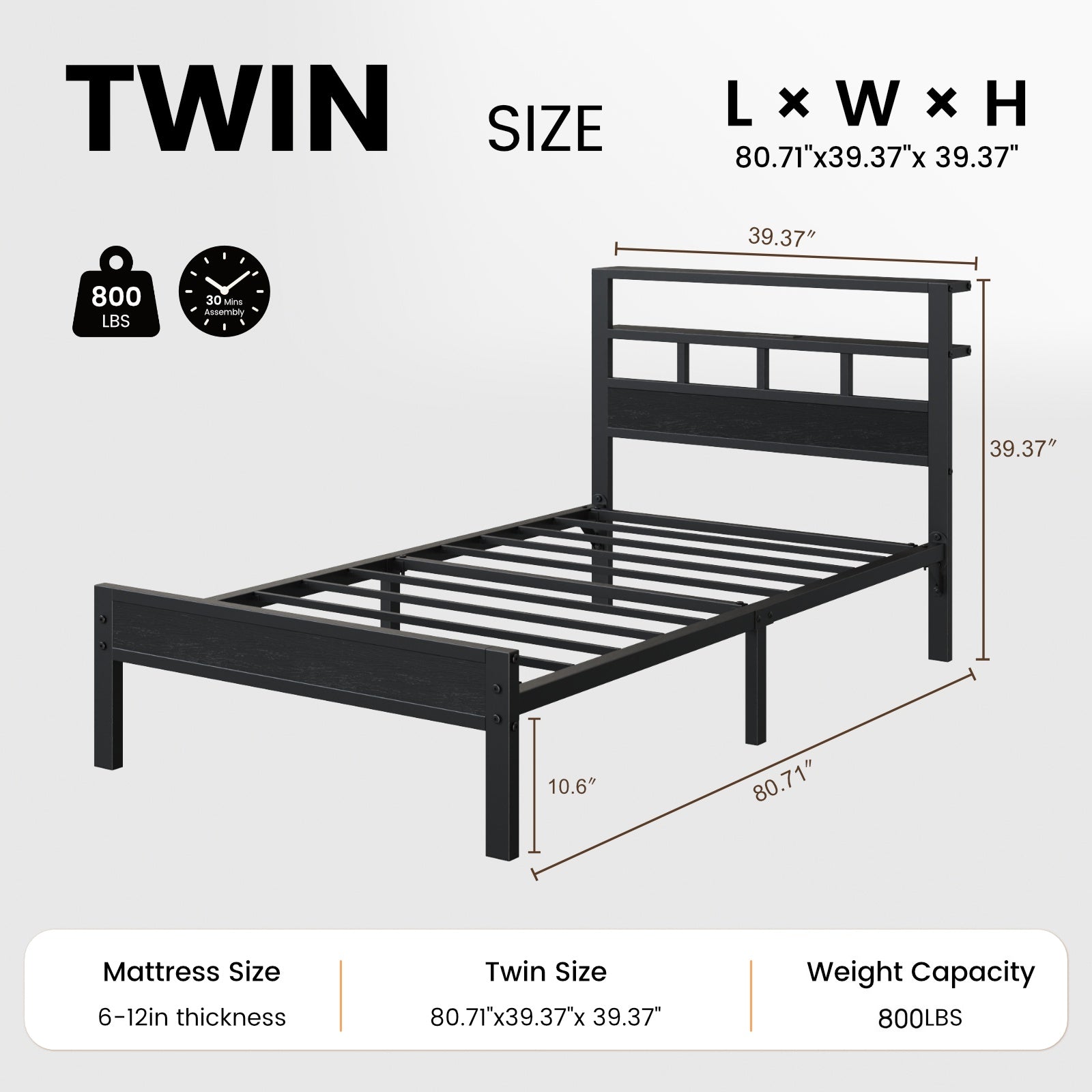 Bexfil Twin Bed Frame with Storage Headboard and LED Light, Metal Platform Bed Station with Charging Station & LED, Noise-Free, No Box Spring Needed