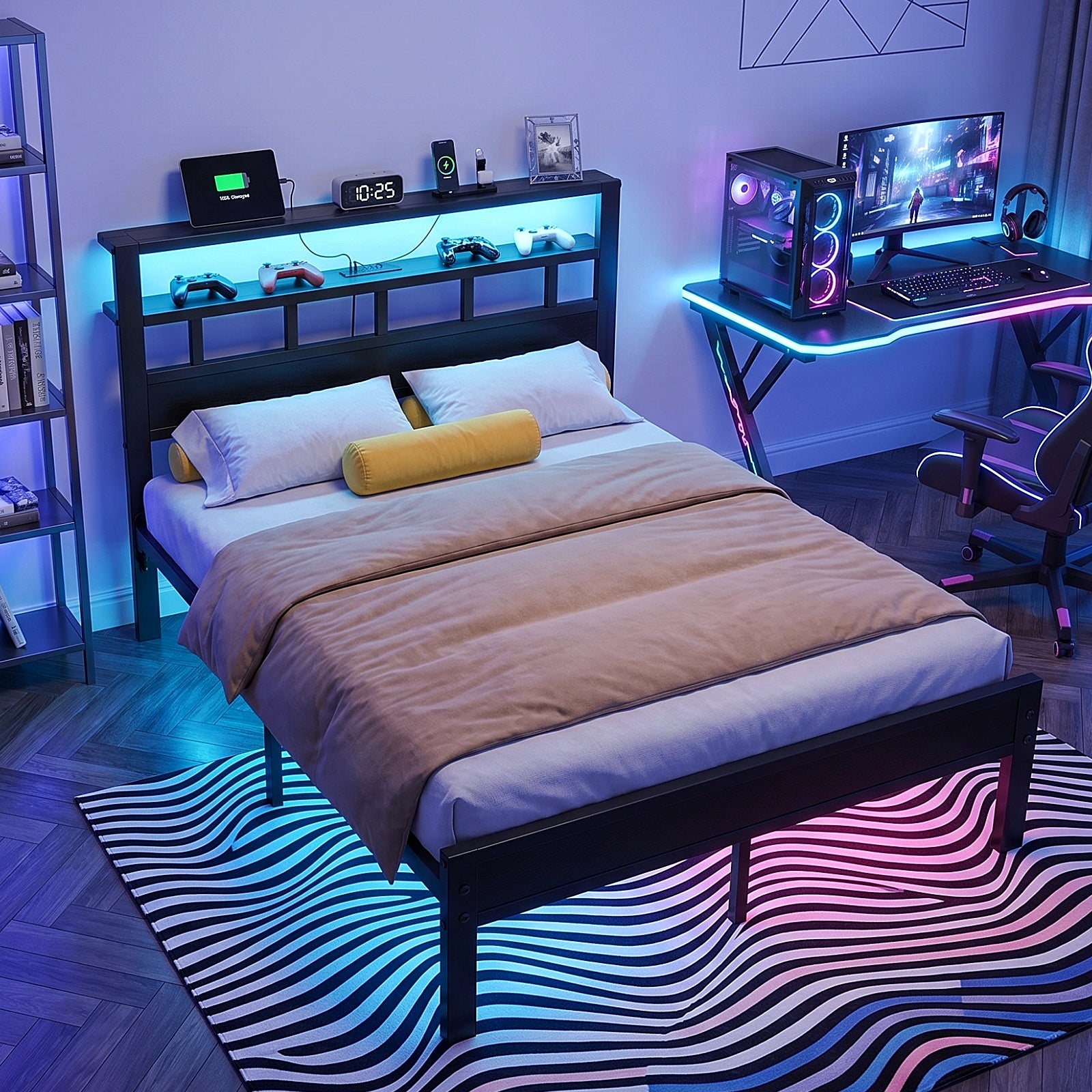 Bexfil Full Bed Frame with Storage Headboard and LED Light, Metal Platform Bed Station with Charging Station & LED, Noise-Free, No Box Spring Needed