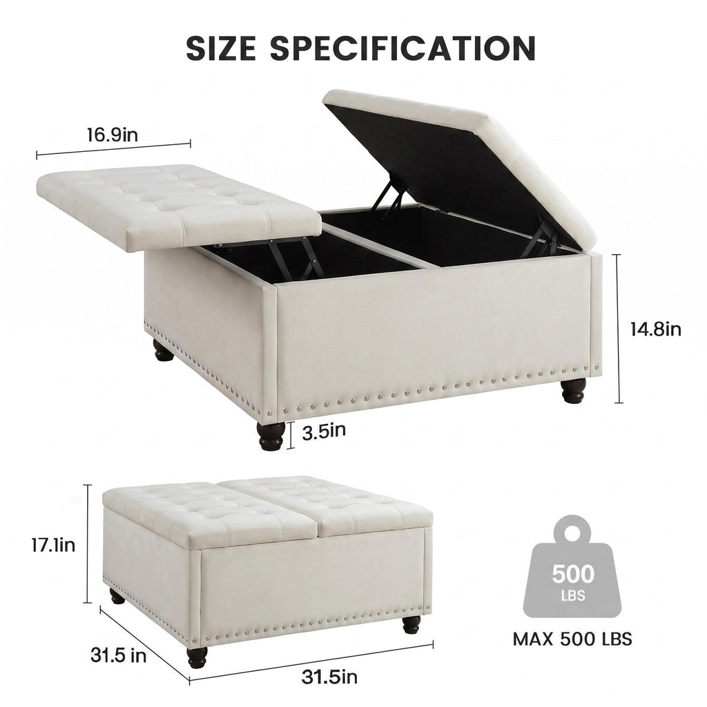 Bexfil Large Square Storage Ottoman, Coffee Table Storage Ottoman, Tufted Upholstered Oversized Square Ottoman for Living Room, White