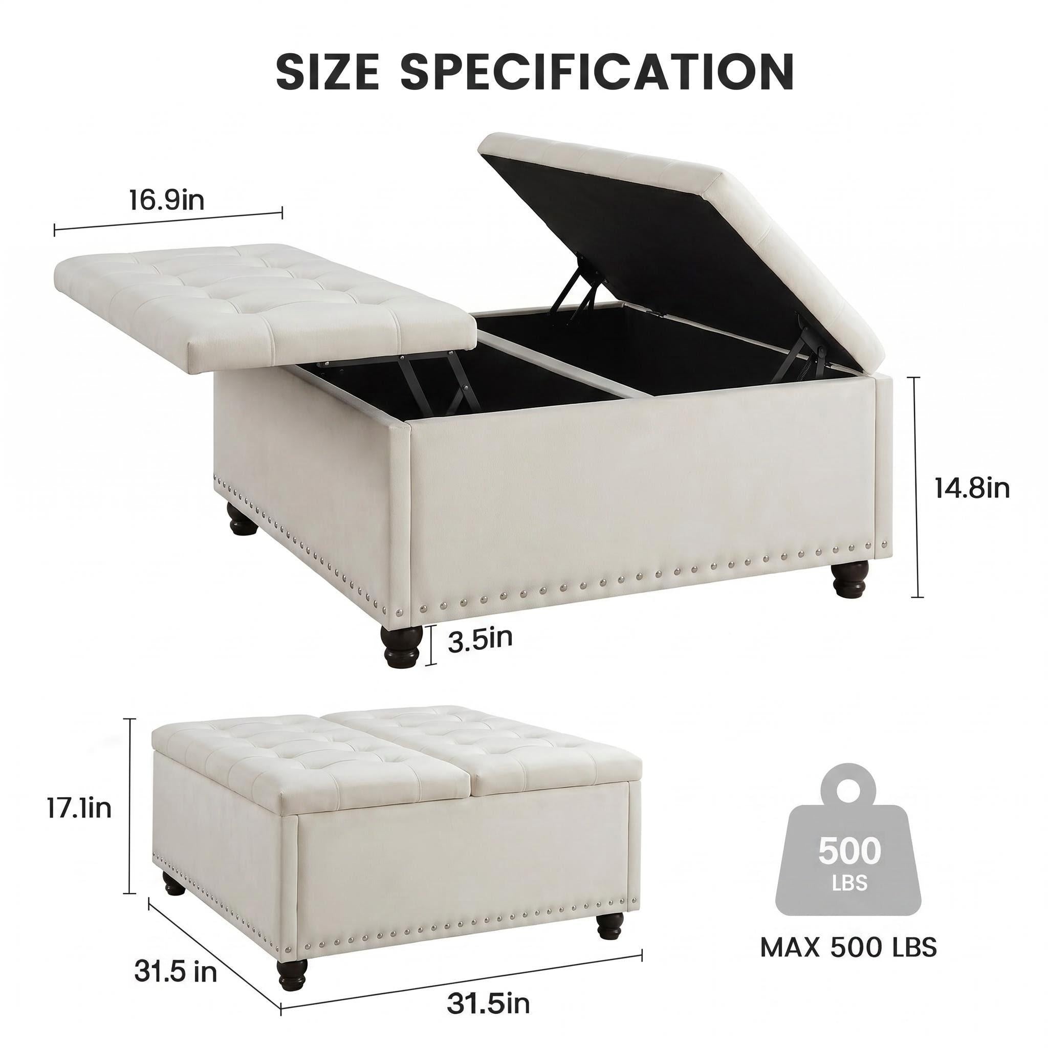 Bexfil Large Square Storage Ottoman, Coffee Table Storage Ottoman, Tufted Upholstered Oversized Square Ottoman for Living Room, White