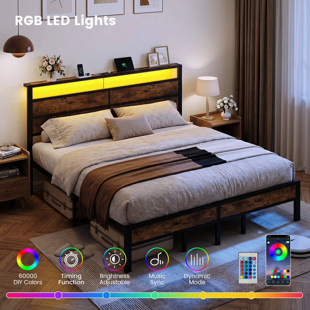 Bexfil King Size Bed Frame,Heavy Duty Metal Platform with Storage Headboard and LED Light,No Box Spring Needed,Easy Assembly,Brown