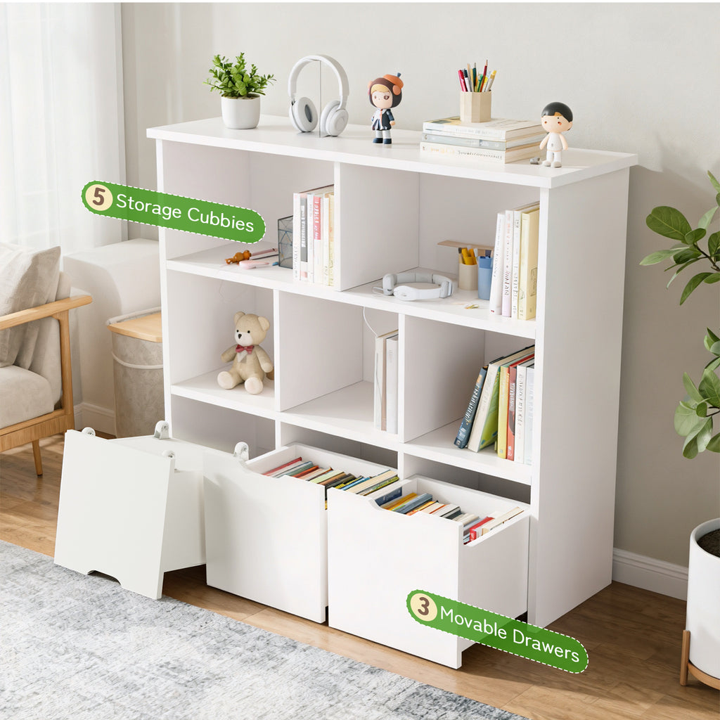 Kbun 5 Cube Toy Storage Cabinet, Kids Geometric Bookcase and Bookshelf with 3 large Drawers, Toddler Book Shelf for Kids Rooms, Playroom, Nursery, Kindergarten White