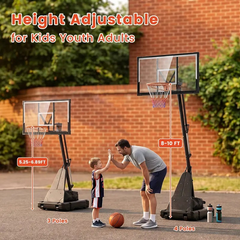 FirstAsk Basketball Hoop Outdoor 44" PC Backboard, 5.25-10FT Adjustable Basketball Goal with Rebound Board, Portable Basketball Hoop for Kids Youth Adults Play Outdoor/Indoor, 225LBS Max Capacity