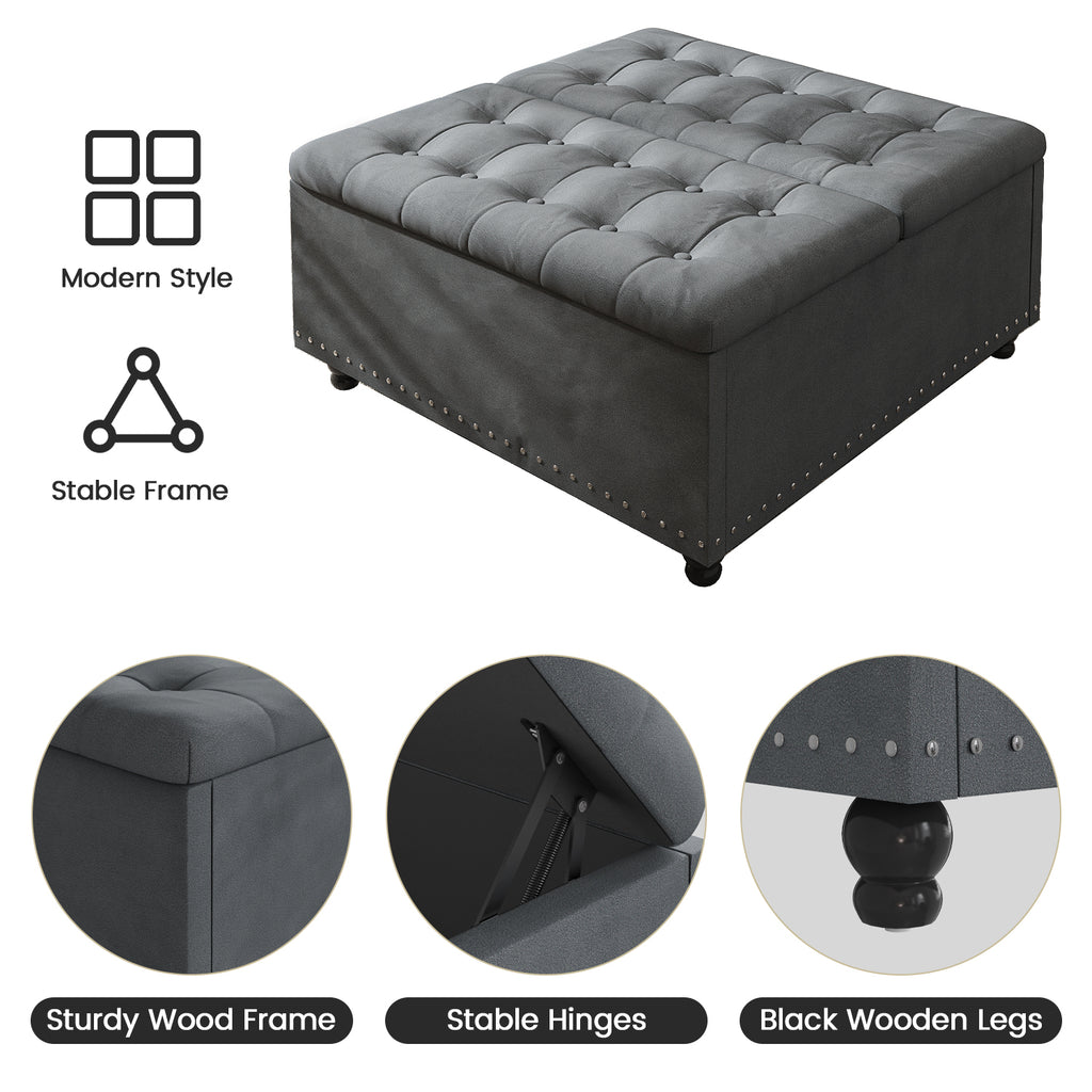 Bexfil Large Square Storage Ottoman, Coffee Table Storage Ottoman, Tufted Upholstered Oversized Square Ottoman for Living Room, Grey