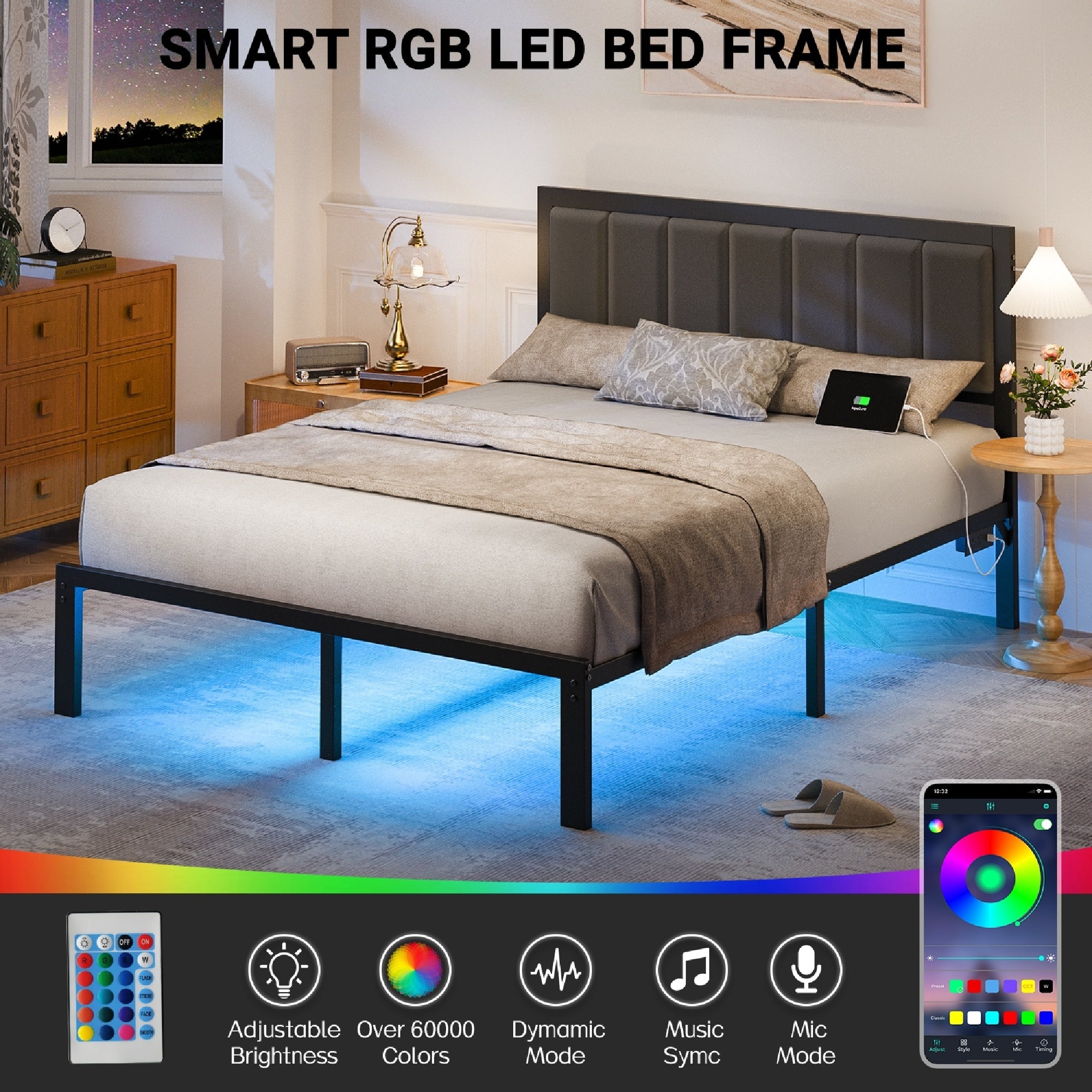 Bexfil Queen Size Upholstered Bed Frame with Metal Slat Support, Metal Platform Bed Frame Charging Station Mattress Foundation, Gray