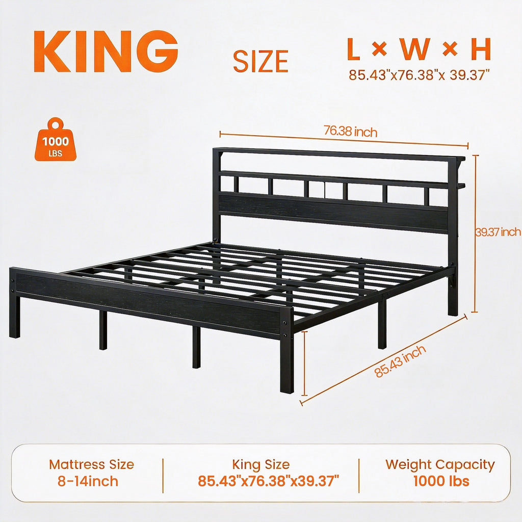 Kbun King Size LED Metal Bed Frame with 2-Tier Storage Headboard and Charging Station,No Box Spring Needed, Easy Assembly, Black