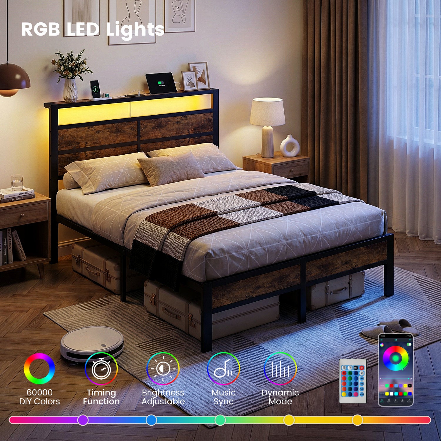 Bexfil Full Platform Bed with Charging Station and LED Lights - Wood Headboard Frame with USB Ports and Power Outlet - Noise-Free, No Box Spring Needed, Brown