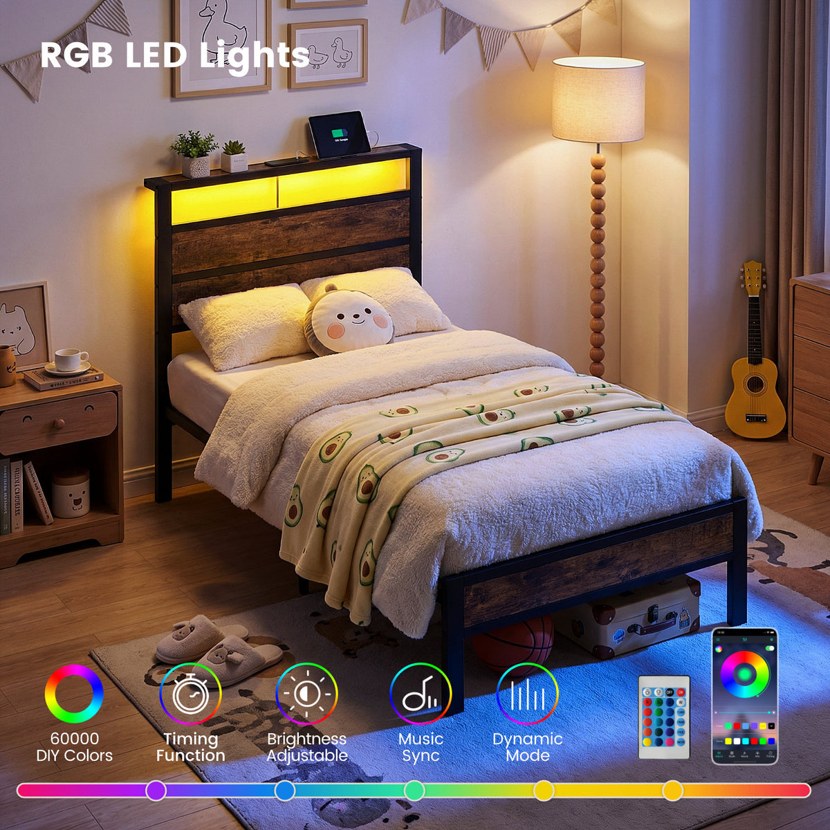 Kbun Twin Size Bed Frame with Wooden Headboard, USB and Type-C Charging Station, Smart LED Lights, Under-Bed Storage, Quiet Metal Platform Twin Size, No Box Spring Required, Easy Assembly