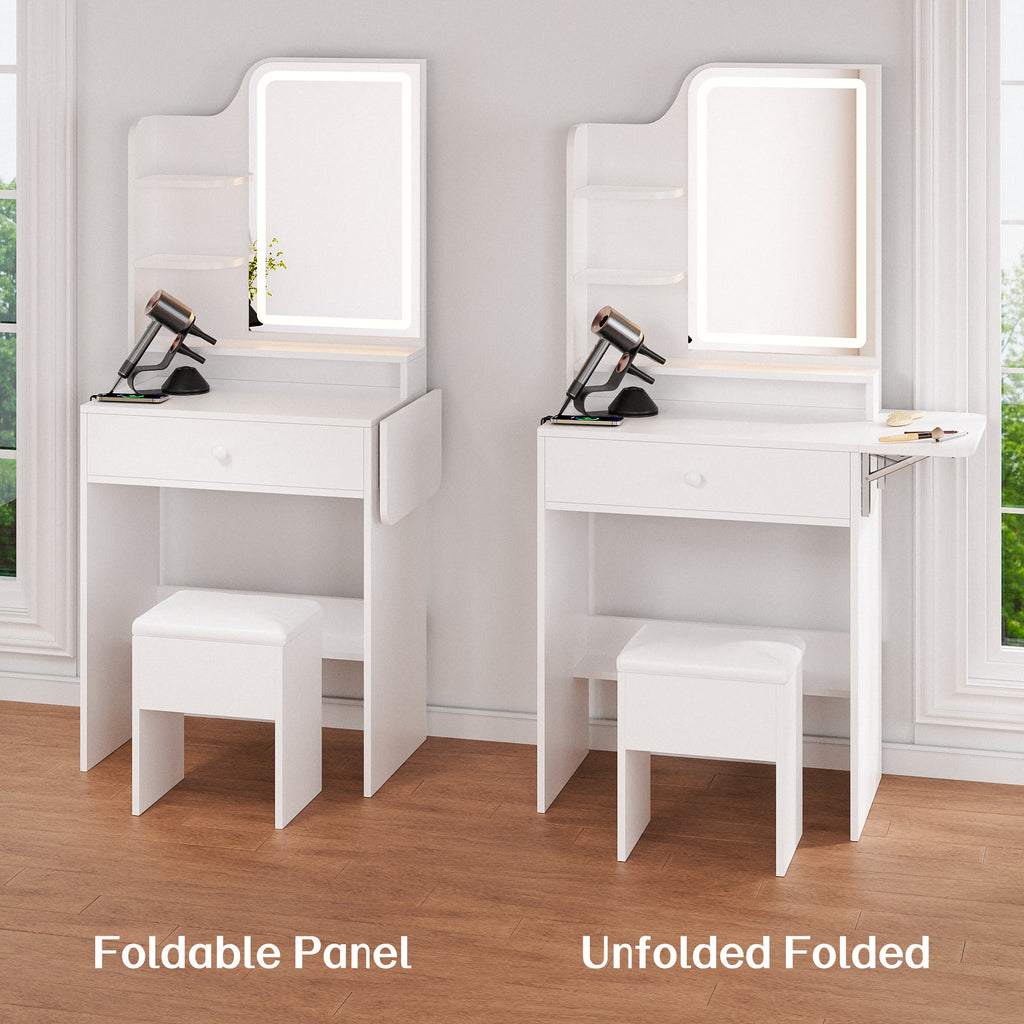 Haewon 25.4" White Small Vanity Desk with LED Light Mirror & Power Outlet , Makeup Vanity with Foldable Panel, Vanity Set with Stool for Bedroom, White