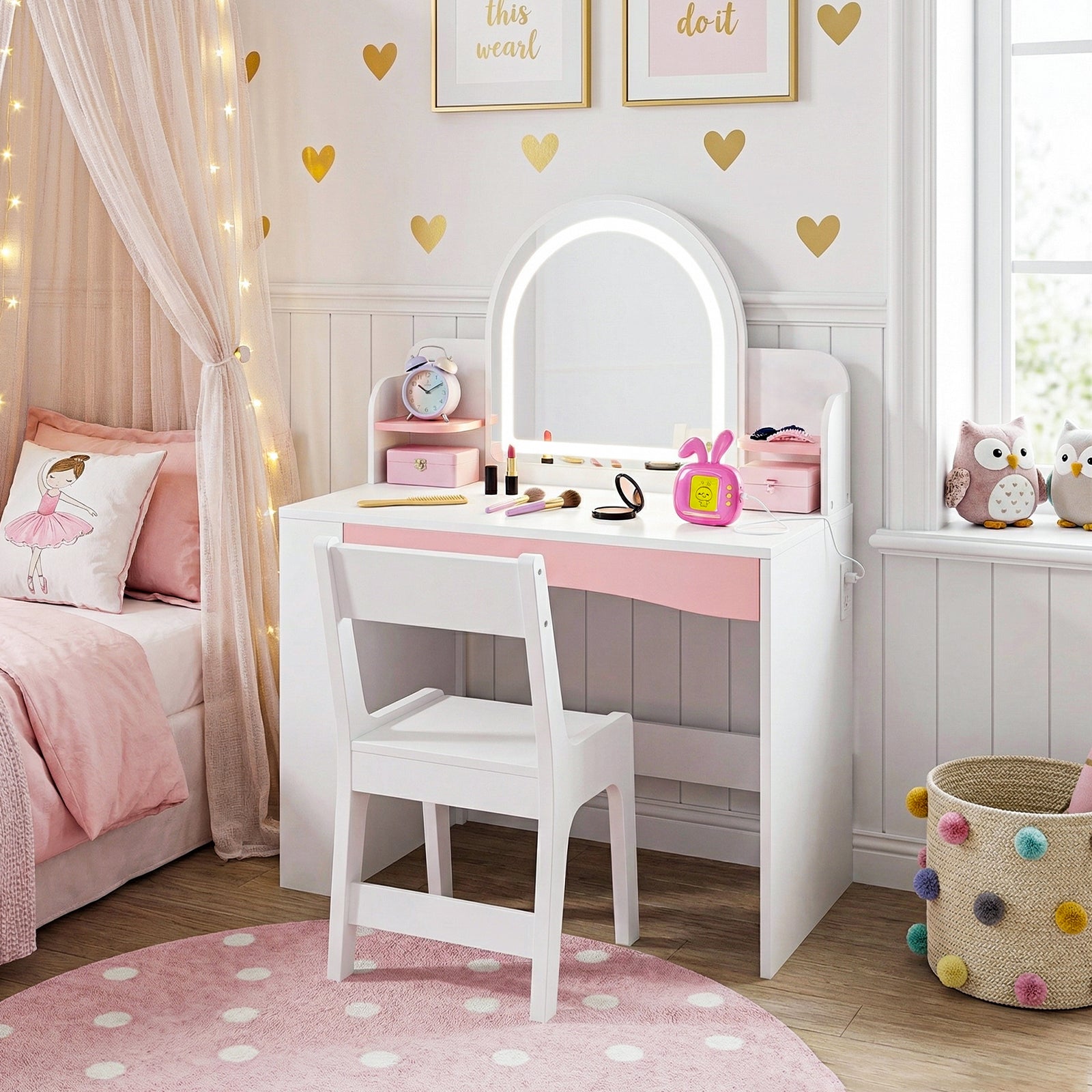 Kbun 27.5 in Wooden Kids' Vanity Set, Princess Style Dressing Table, Stool, and Furniture Set for Girls Ideal Birthday Gift ,White