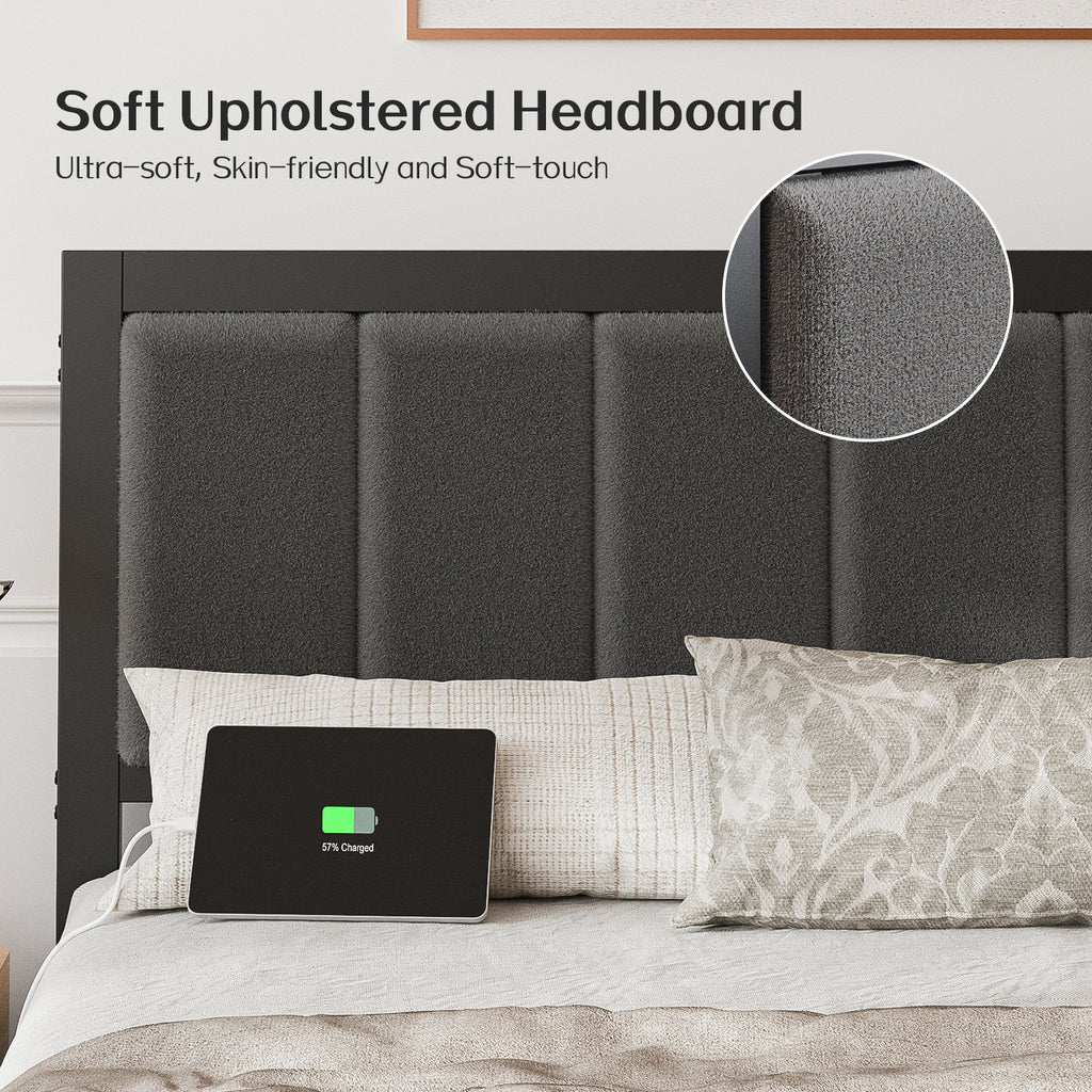 Kbun Queen Bed Frame with Headboard, Outlets and LED Lights, Heavy Duty Metal Platform with Storage Space Under Frame, No Box Spring Needed, Noise Free, Gray