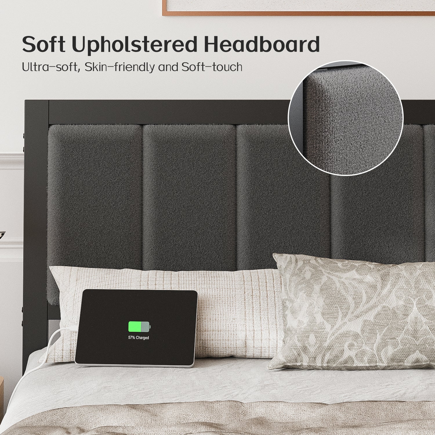 Kbun Queen Bed Frame with Headboard, Outlets and LED Lights, Heavy Duty Metal Platform with Storage Space Under Frame, No Box Spring Needed, Noise Free, Gray