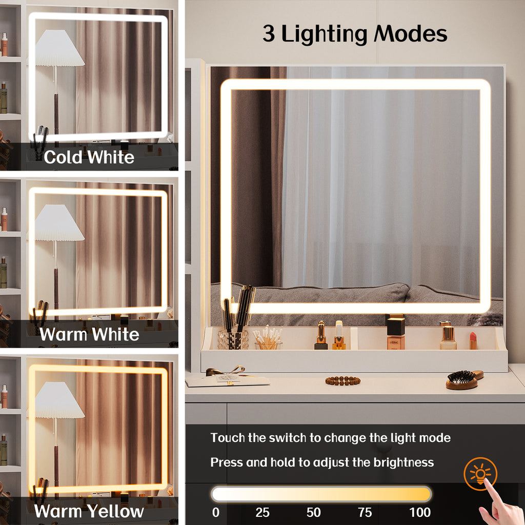 Haewon 35" Vanity Desk with Mirror, LED Light, Power Outlet, Makeup Vanity with Storage Cabinet and Foldable Panel, Vanity Set with Cushioned Stool, White