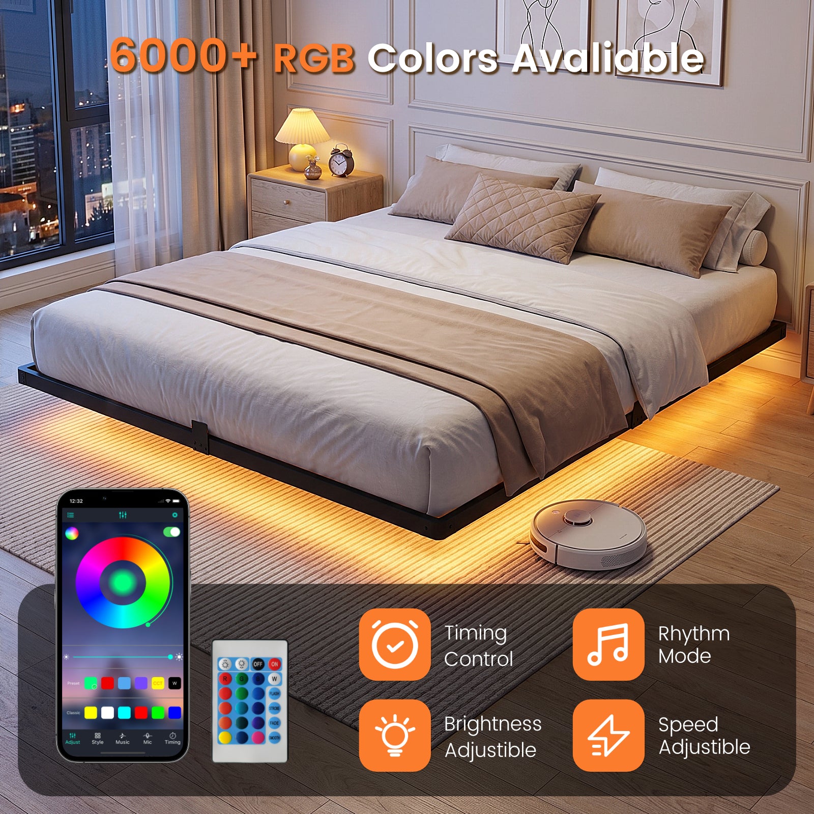 Bexfil King Size LED Floating Bed Frame with Remote Control and Charging Station, No Box Spring Needed, Easy to Assemble