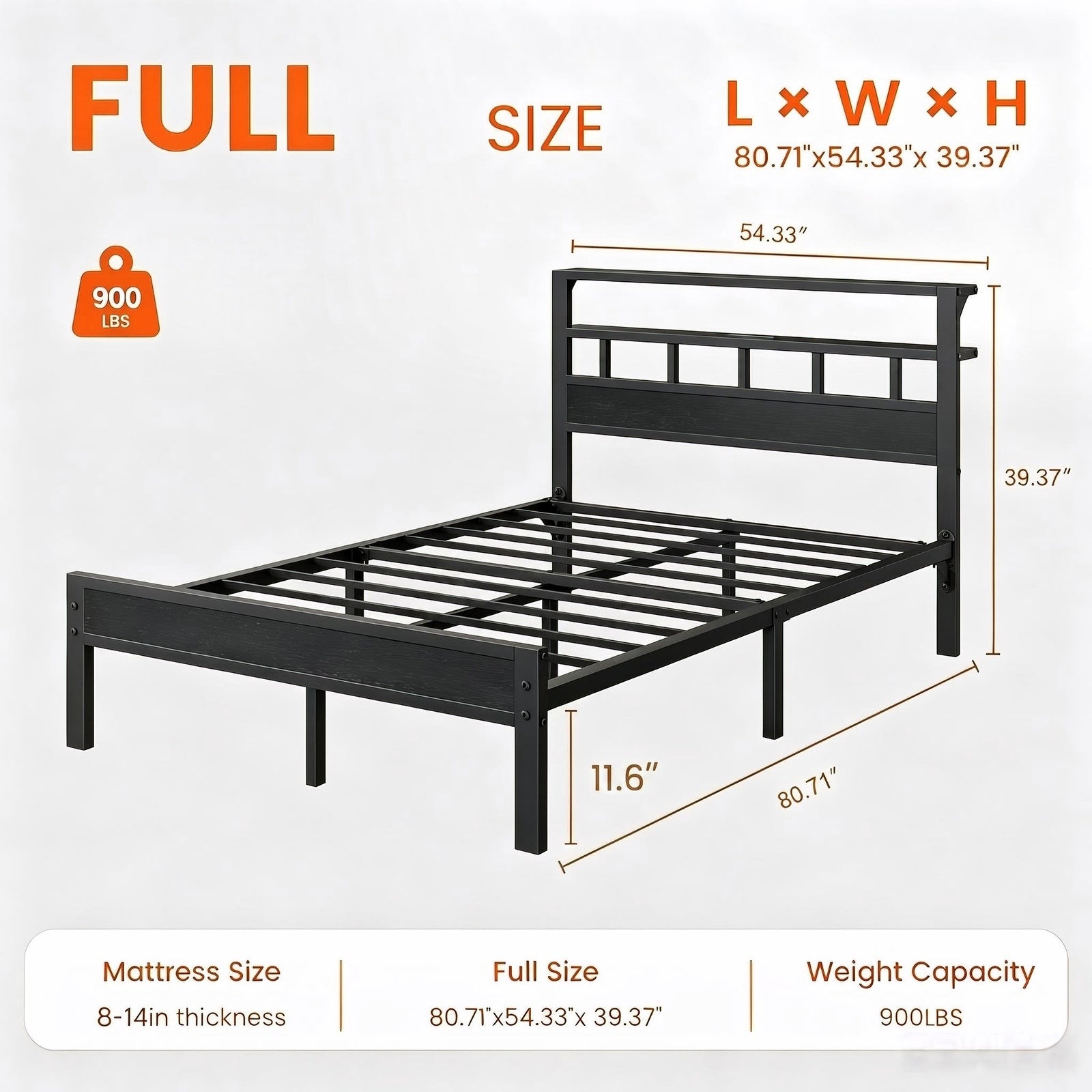Kbun Full Size LED Metal Bed Frame with 2-Tier Storage Headboard and Charging Station,No Box Spring Needed, Easy Assembly, Black