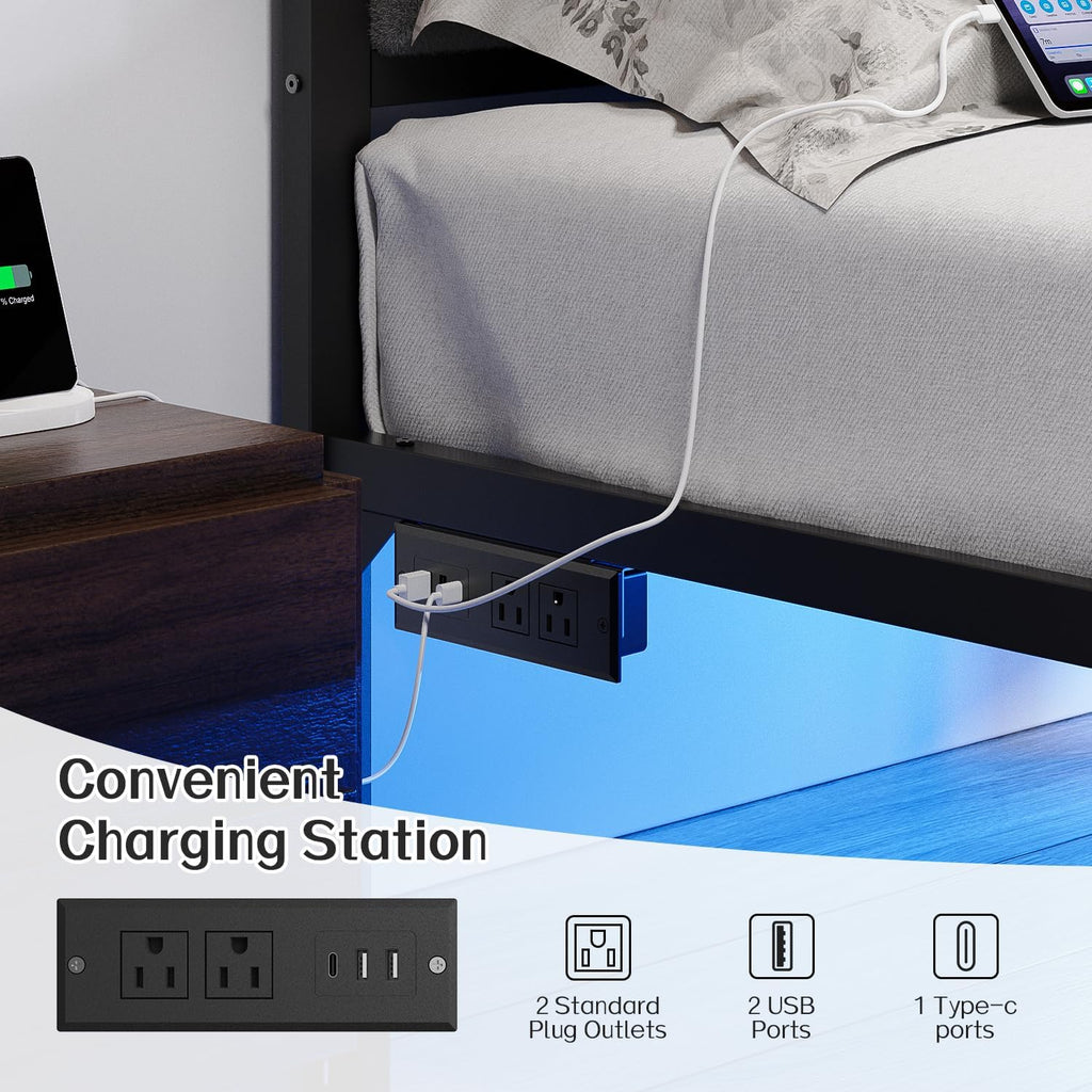 OLEVS Queen Bed Frame with Headboard, Smart LED & Charging Station| Metal Platform Bed Queen Size with LED, USB Charging & Upholstered Headboard, 1,000 lbs Weight Capacity, No Box Spring Needed