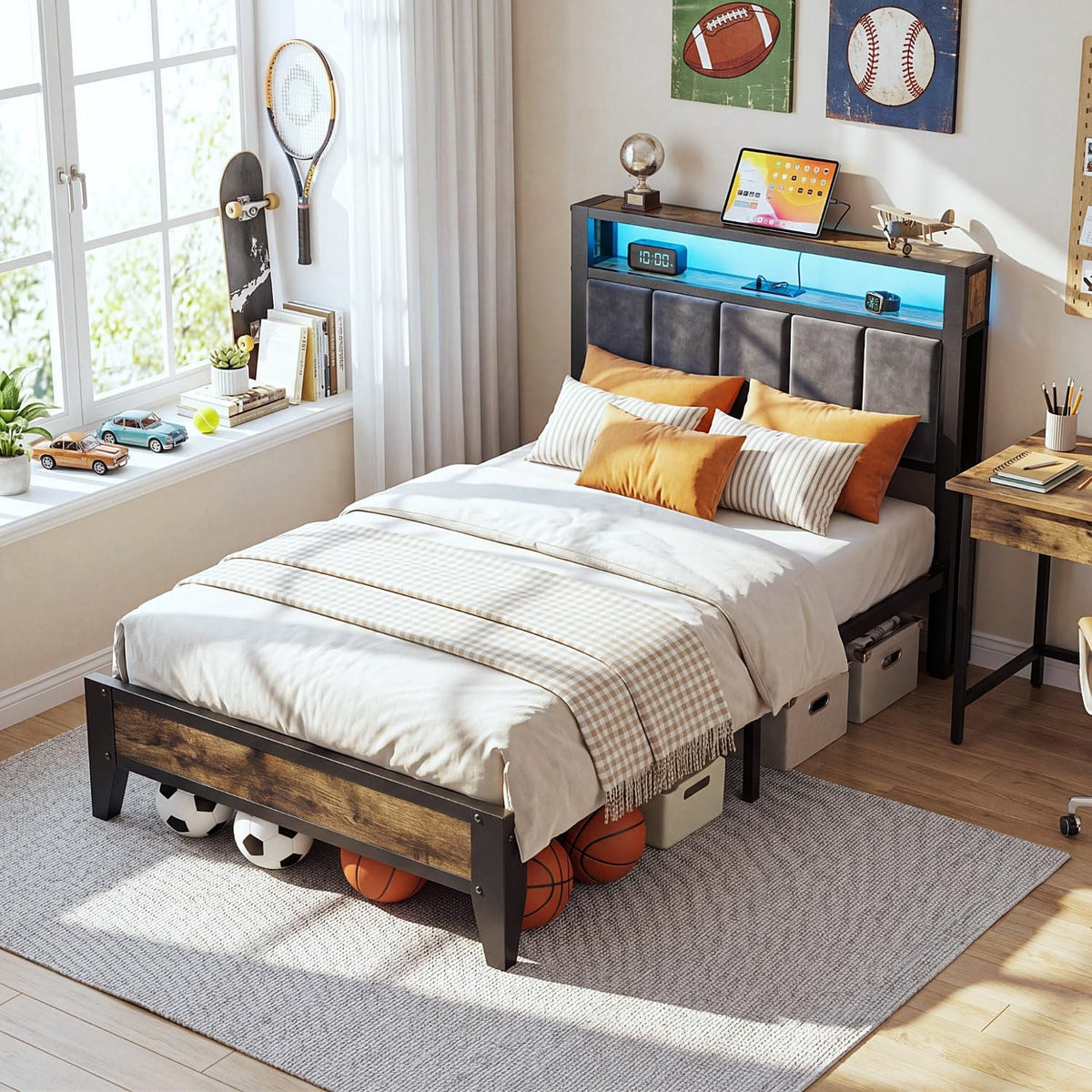 OLEVS Twin Bed Frame with LED Light Storage Headboard Metal Platform Bed| Charging Station Type C, Upholstered 2-Tier Headboard, No Box Spring Needed