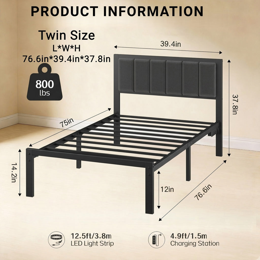 Bexfil Twin Size Upholstered Bed Frame with Metal Slat Support, Metal Platform Bed Frame Charging Station Mattress Foundation, Gray