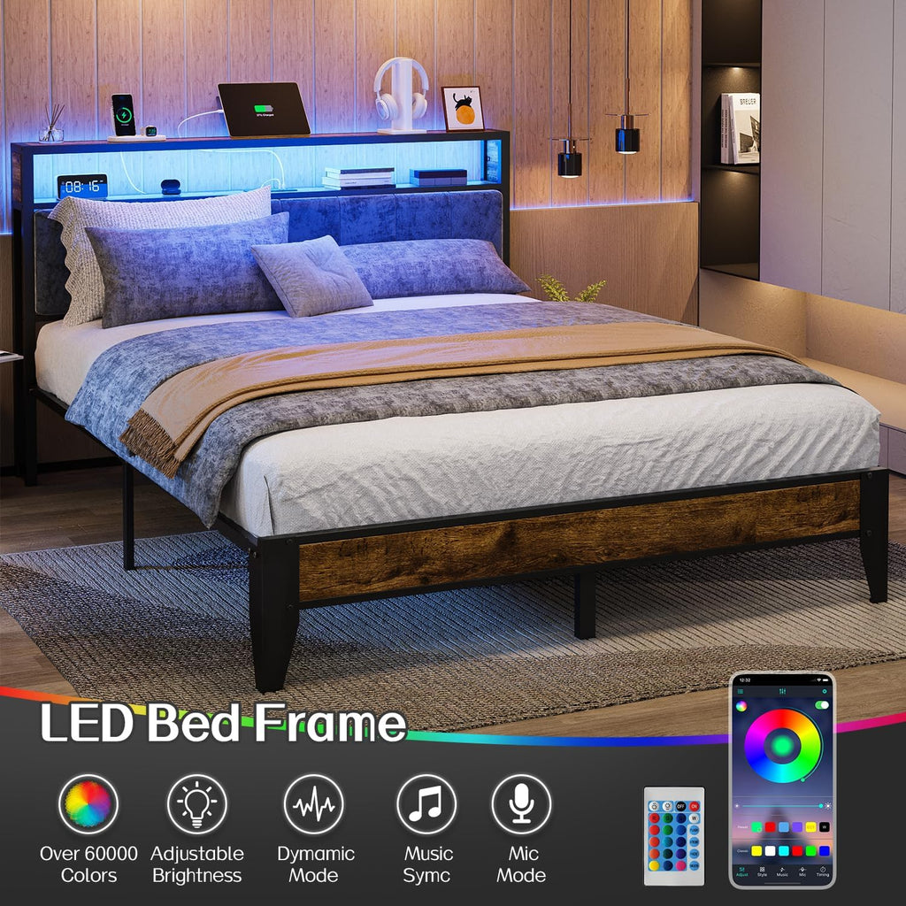 OLEVS Queen Size Bed Frame with Charging Station & LED Light, 2-Tier Storage Headboard & Footboard, Noise-Free Metal Platform Bed No Box Spring Needed, Easy Assembly