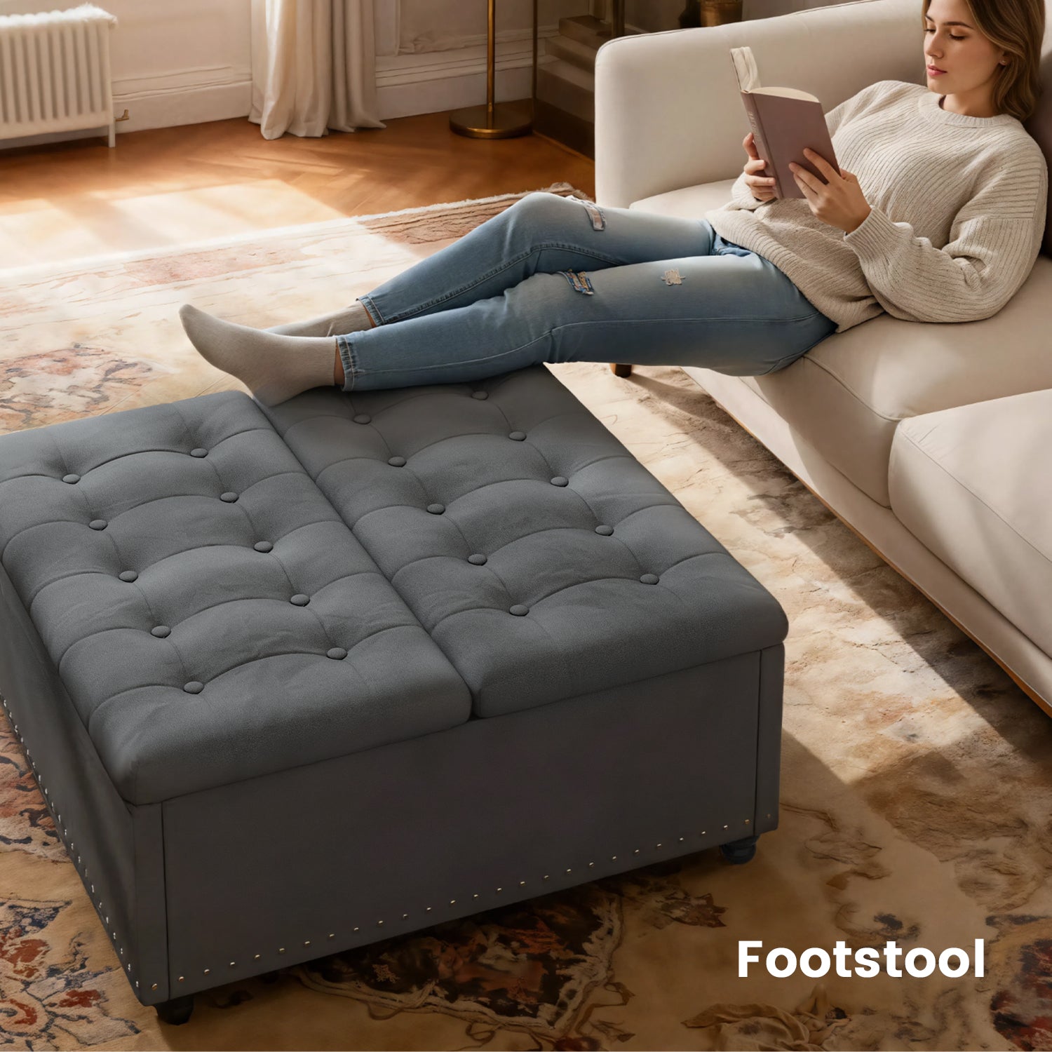 Kbun 33.5 inch Large Square Storage Ottoman, Tufted Upholstered Coffee Table with Lift Top & Solid Wood Legs, Oversized Storage Bench Ottomans Toy Box for Bedroom, Living Room, Entryway, Grey