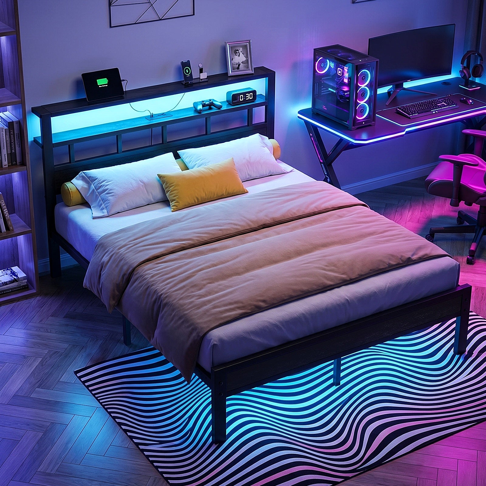 Bexfil Queen Bed Frame with Storage Headboard and LED Light, Metal Platform Bed Station with Charging Station & LED, Noise-Free, No Box Spring Needed