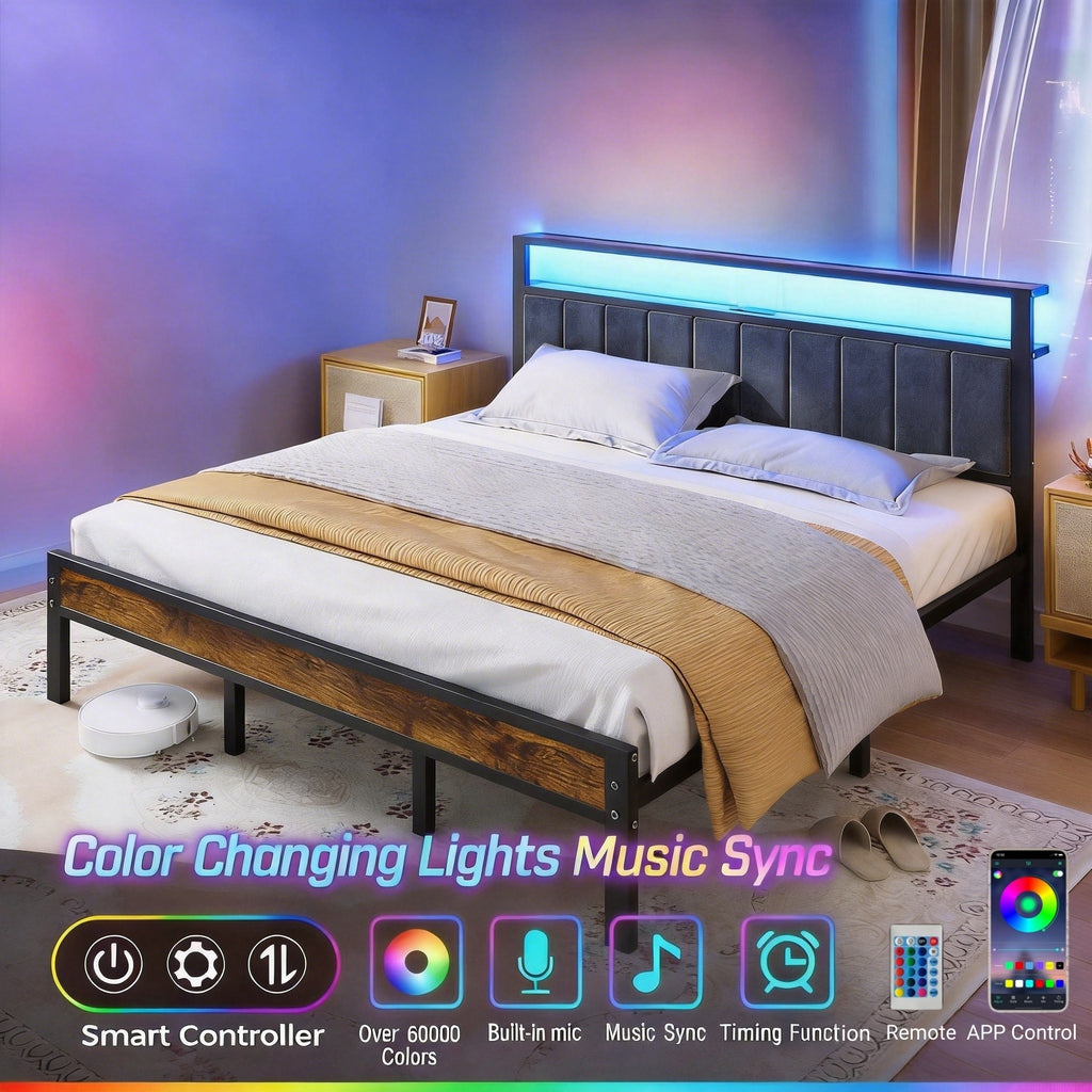 Bexfil King Size Bed Frame with LED Lights, Charging Station and Shelf Upholstered Headboard, Heavy Duty Metal Platform Bed, Noise Free, No Box Spring Needed, Brown