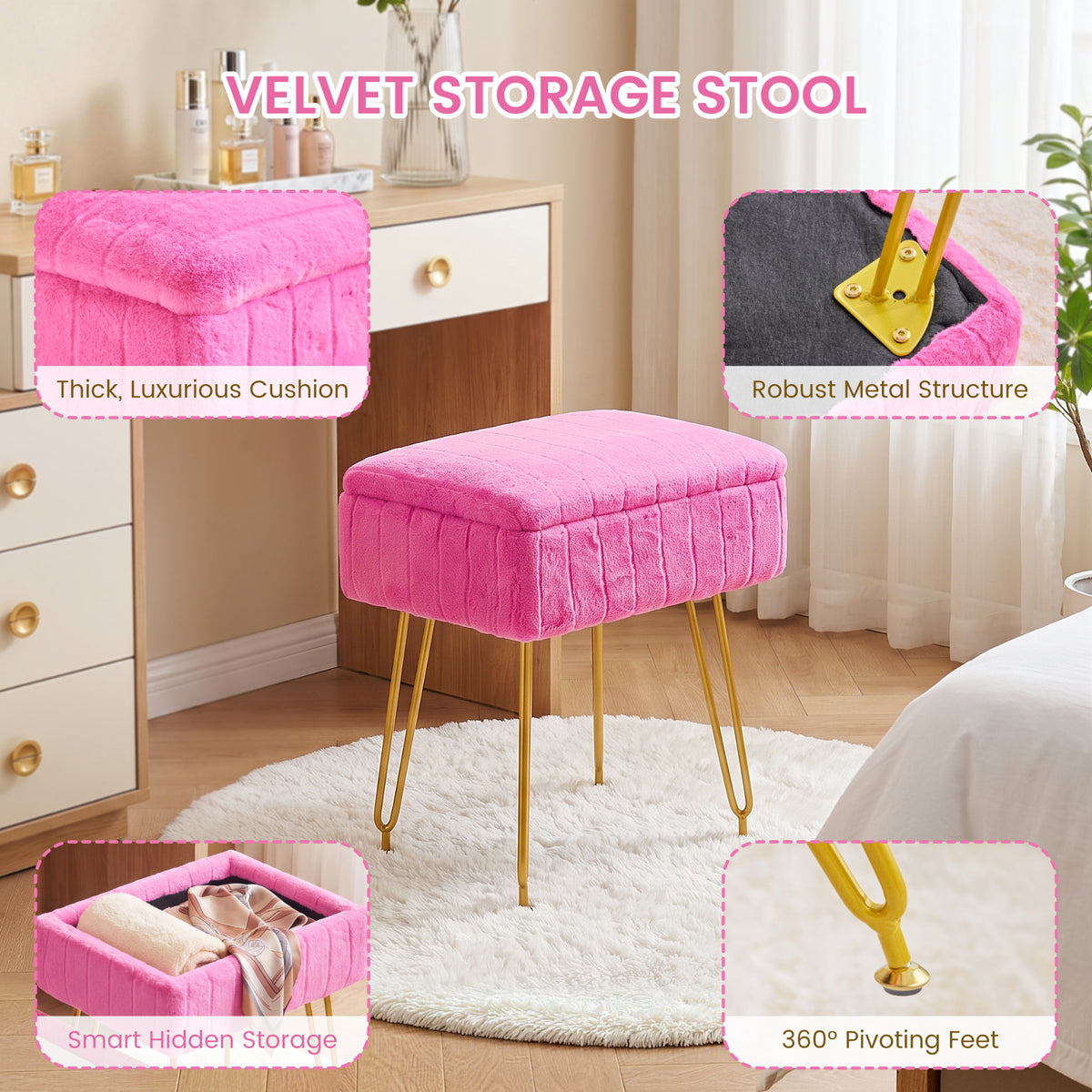 Kbun Faux Fur Vanity Stool with Storage, Makeup Ottoman Chair with Upholstered Seat, Metal Legs & Anti-Slip Feet for Bedroom, Living Room, Rose Pink