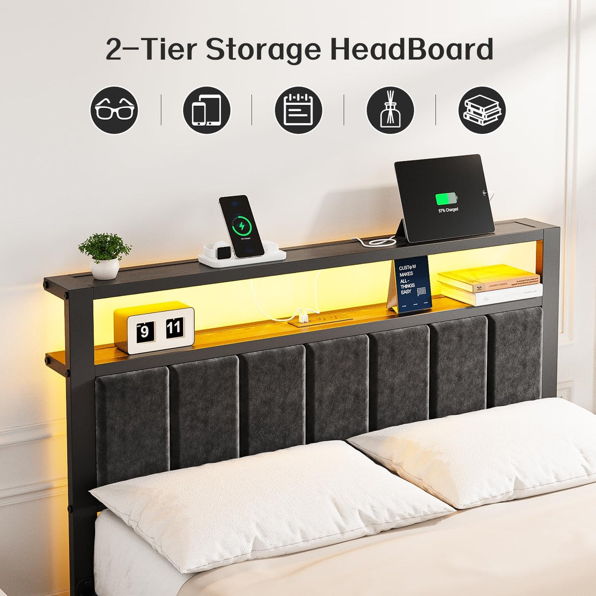 OLEVS Full Bed Frame with LED Lights & Charging Station Modern Platform Bed| Upholstered 2-Tier Storage Headboard, No Box Spring Needed, Easy Assembly