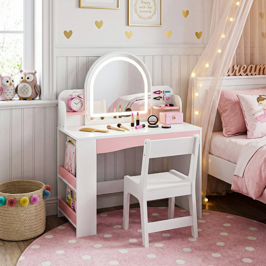 Bexfil Toddler Vanity with Lights and Chair Set, Kids LED Makeup Table with Adjustable Brightness & 3 Lighting Modes, Open Shelves and Bookshelf for Bedroom, Children's Study