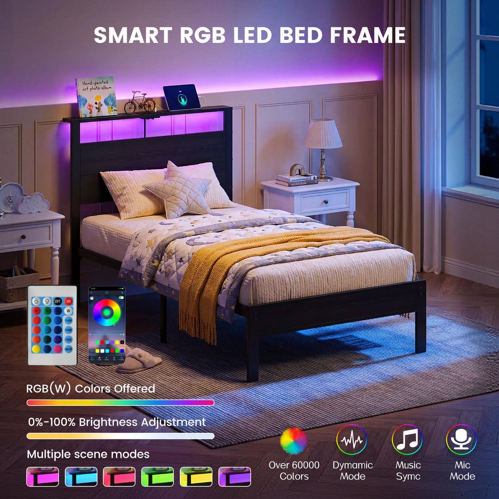 Dayago Twin Bed Frames with Charging Station and LED Lights, Twin Size Wood Headboard Platform Bed with Metal Slats, No Box Spring Needed and Noise Free, Black Oak