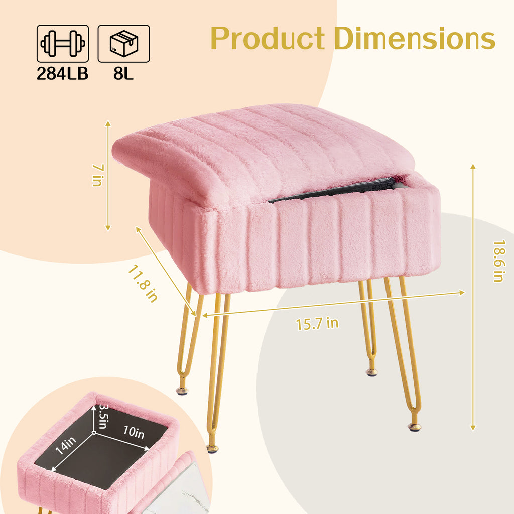 Kbun Faux Fur Vanity Stool with Storage, Makeup Ottoman Chair with Upholstered Seat, Metal Legs & Anti-Slip Feet for Bedroom, Living Room, Pink