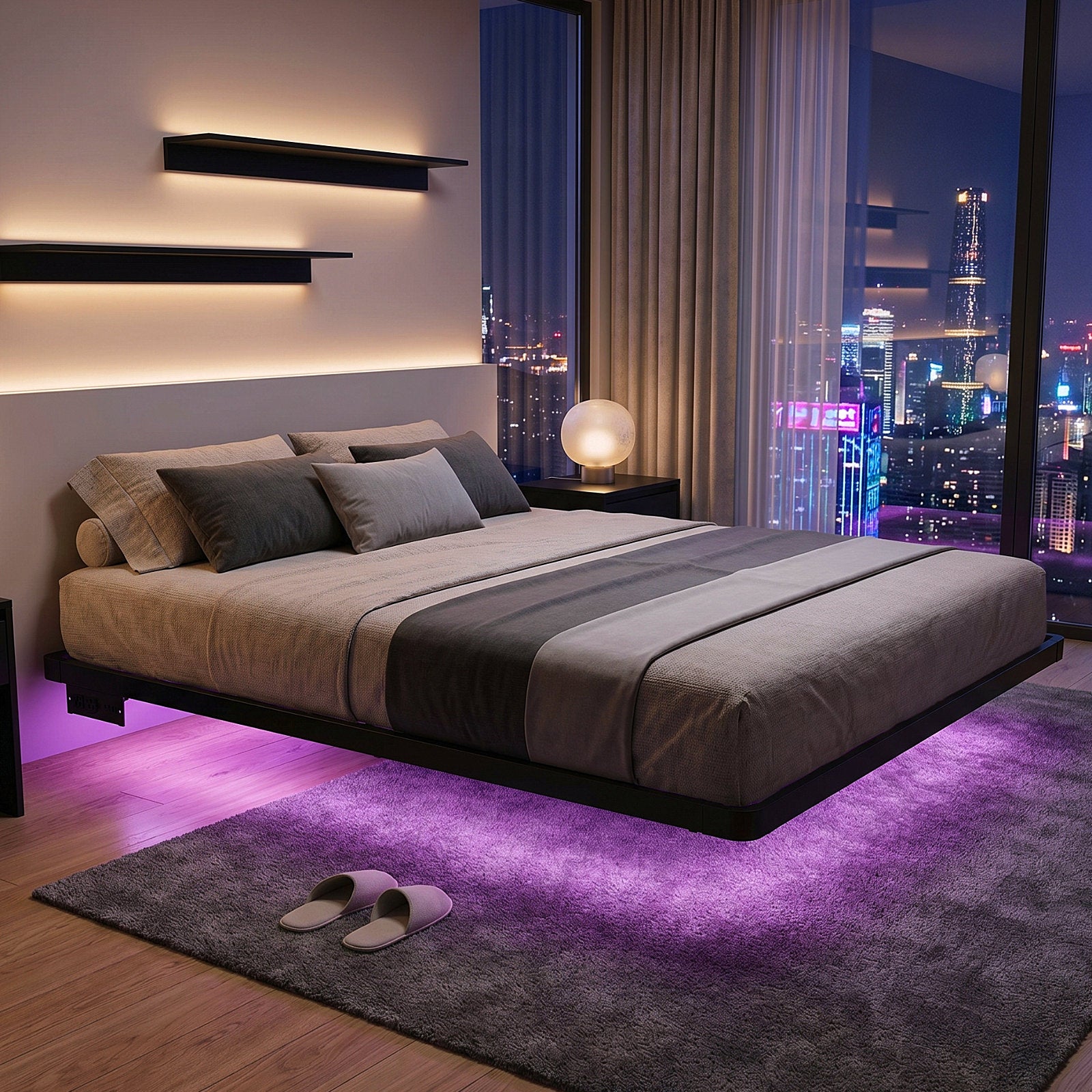 Bexfil Modern Floating Queen Size Bed Frame with LED Lights, Sturdy Metal Platform Bed with Round Safety Corners and Mattress Stabilizers, 1000lbs Heavy Duty Support, Easy Assembly