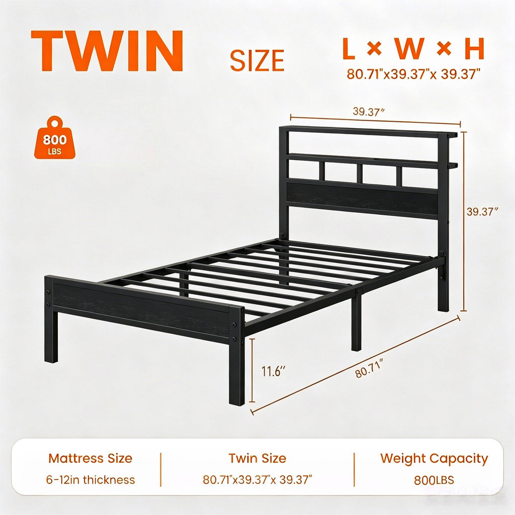 Kbun Twin Size LED Metal Bed Frame with 2-Tier Storage Headboard and Charging Station,No Box Spring Needed, Easy Assembly, Black