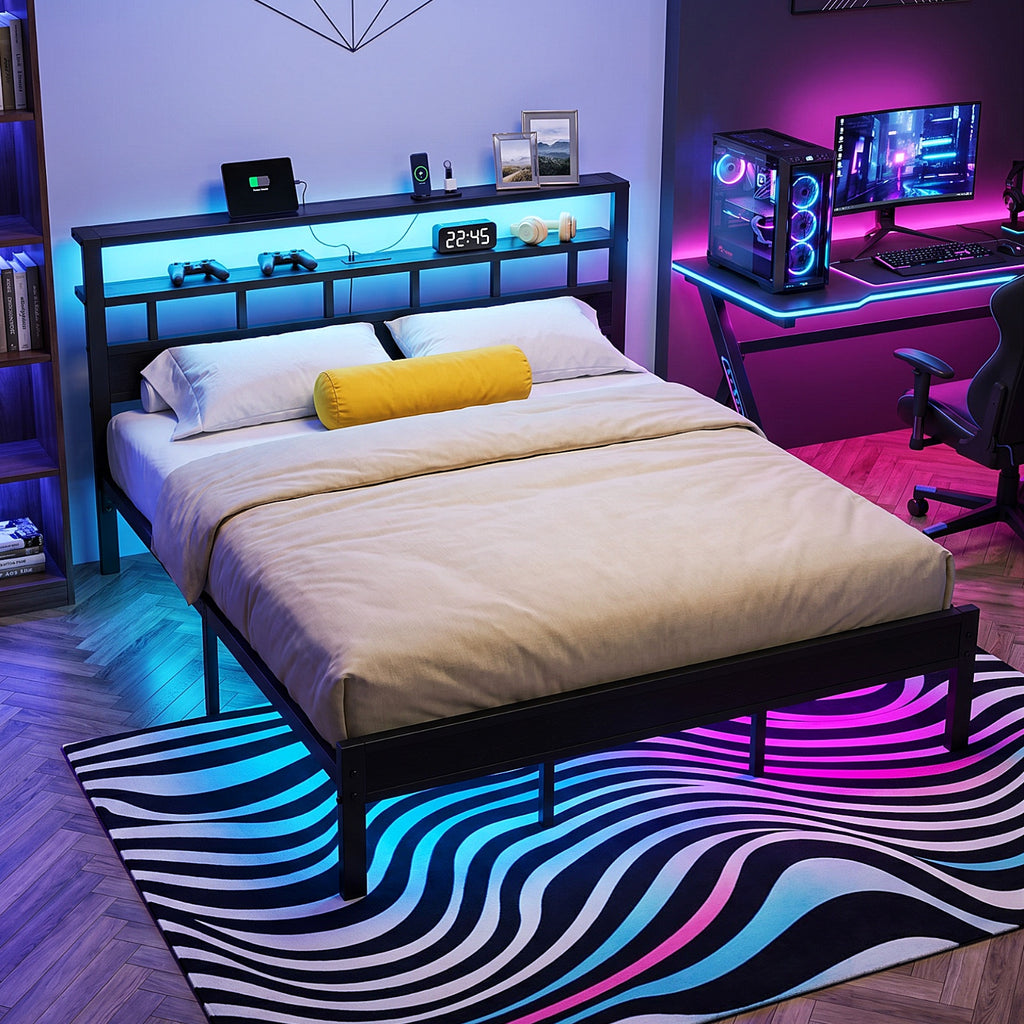 Bexfil King Bed Frame with Storage Headboard and LED Light, Metal Platform Bed Station with Charging Station & LED, Noise-Free, No Box Spring Needed